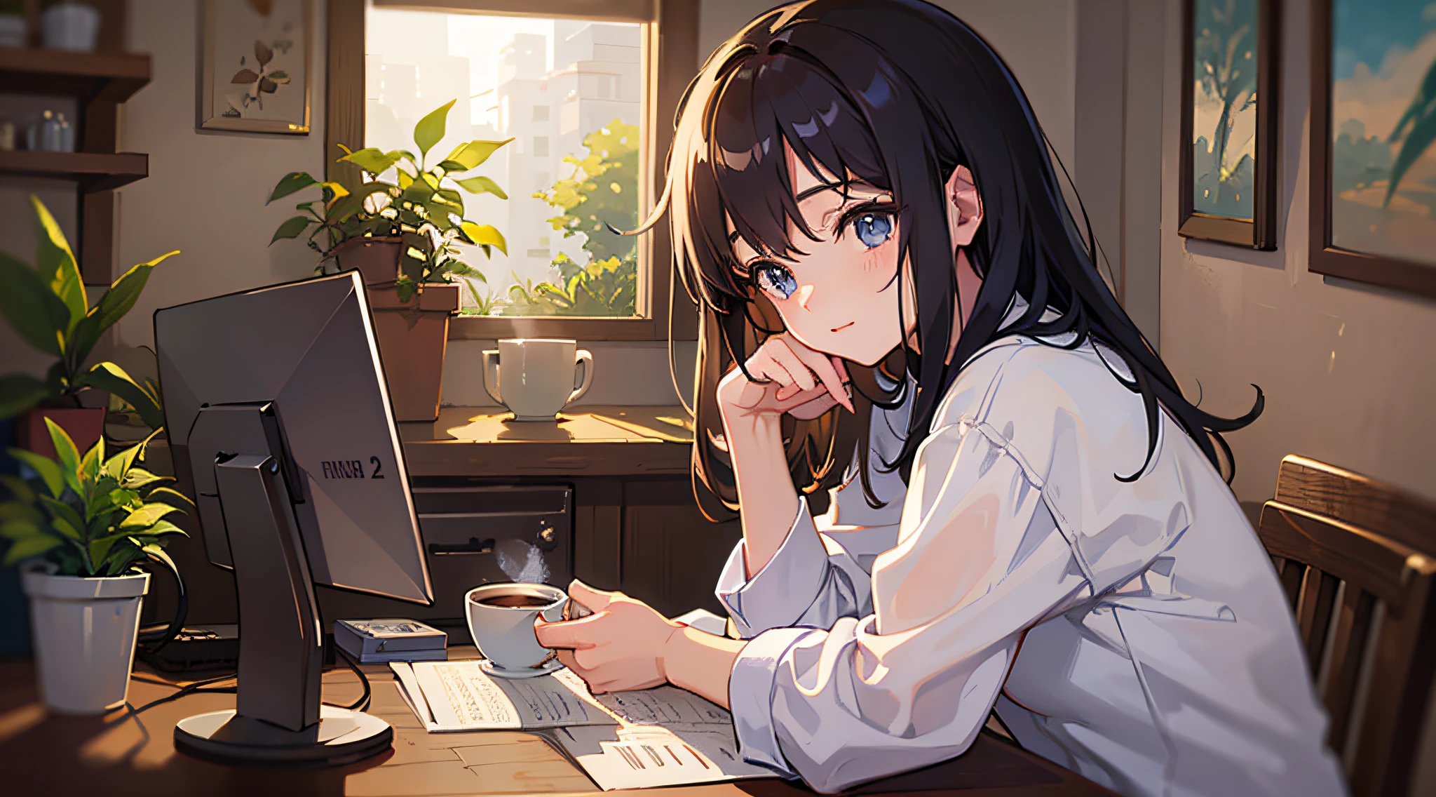 (Best Quality, Masterpiece), a happy girl working diligently in a lo-fi environment, with lots of relaxing music, a calm and welcoming vibe, a cup of coffee on the side, soft light, warm tone, fluently drawn in light and elegant strokes. --auto --s2