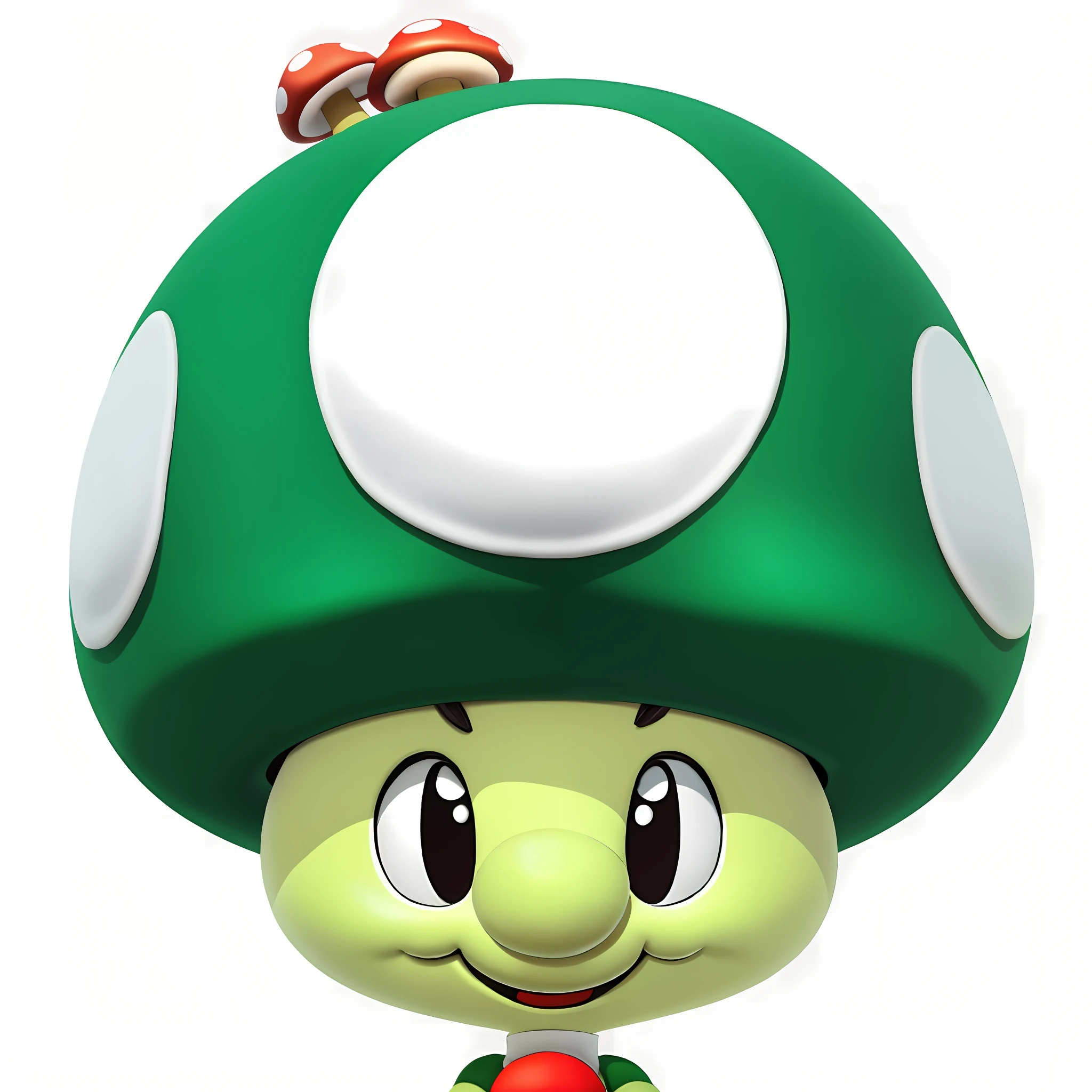 a closeup of a mushroom head with a white and green hat, frog head, mushroom cap, mushroom, frog, mario, mushroom kingdom, nintendo, green head, inspired by Luigi Kasimir, super, inspired by Mario Dubsky, magic mushroom, yoshitaka, yoshi, luigi's nose, dark mushroom, made of mushrooms, video game character. High quality of details. 4k. Use mushroom in a logo with technological gamer design. Use the name 1up Games & Technology