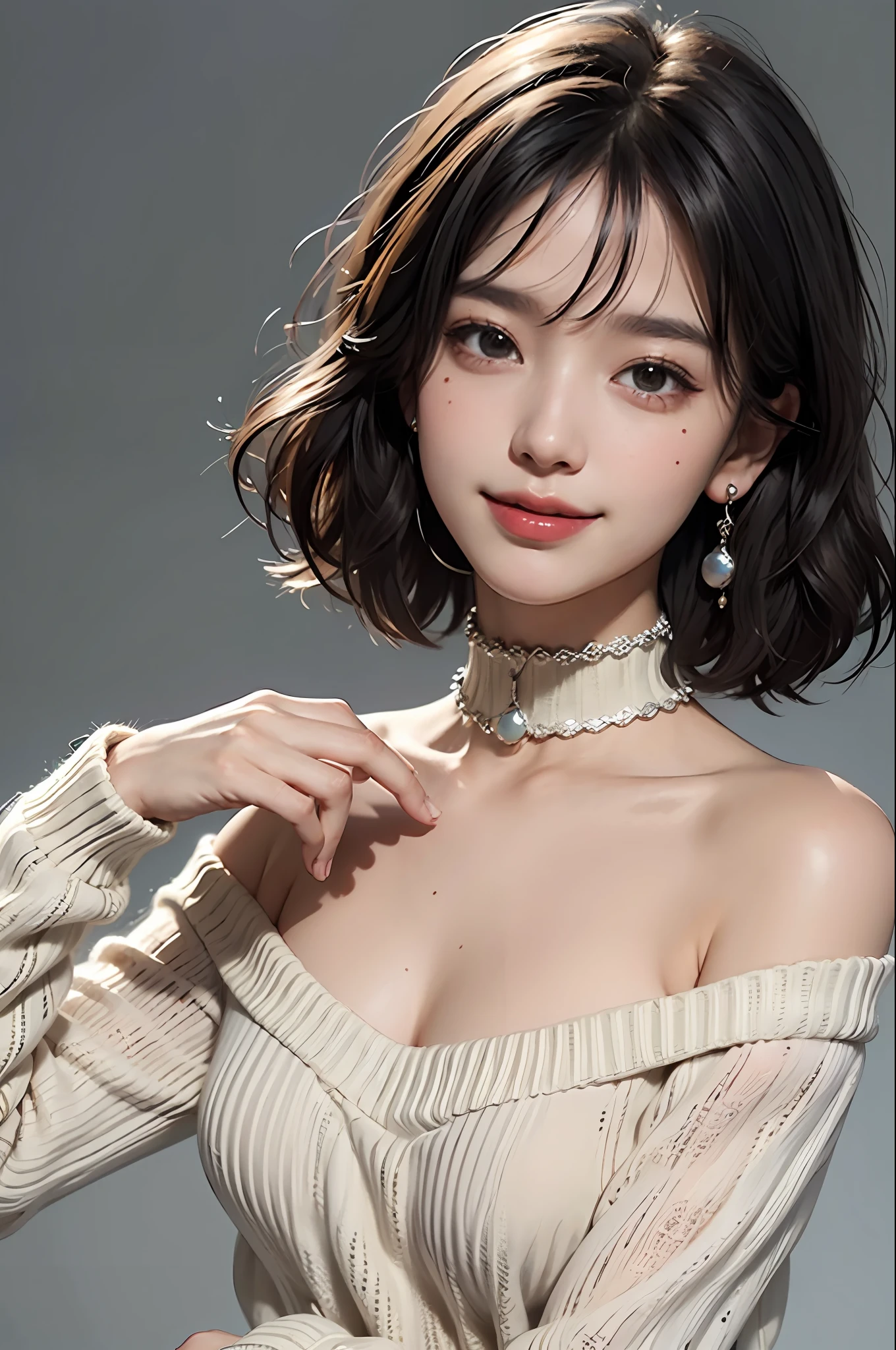 Top Quality, Masterpiece, Ultra High Resolution, Photorealistic, 1 Girl, Off Shoulder, Knit, Smile, Smile, Slightly Visible, oversized_sweater, Soft Lighting, Detailed Skin, Bangs, Black Hair, Clear Eyes, Short Bob Hair, Transparency, Japan, Korean, Beautiful Woman, Upper Eyes, Lip Gloss, Black Thick Choker, Teardrops, Mole on the Chest, Highlights in the eyes