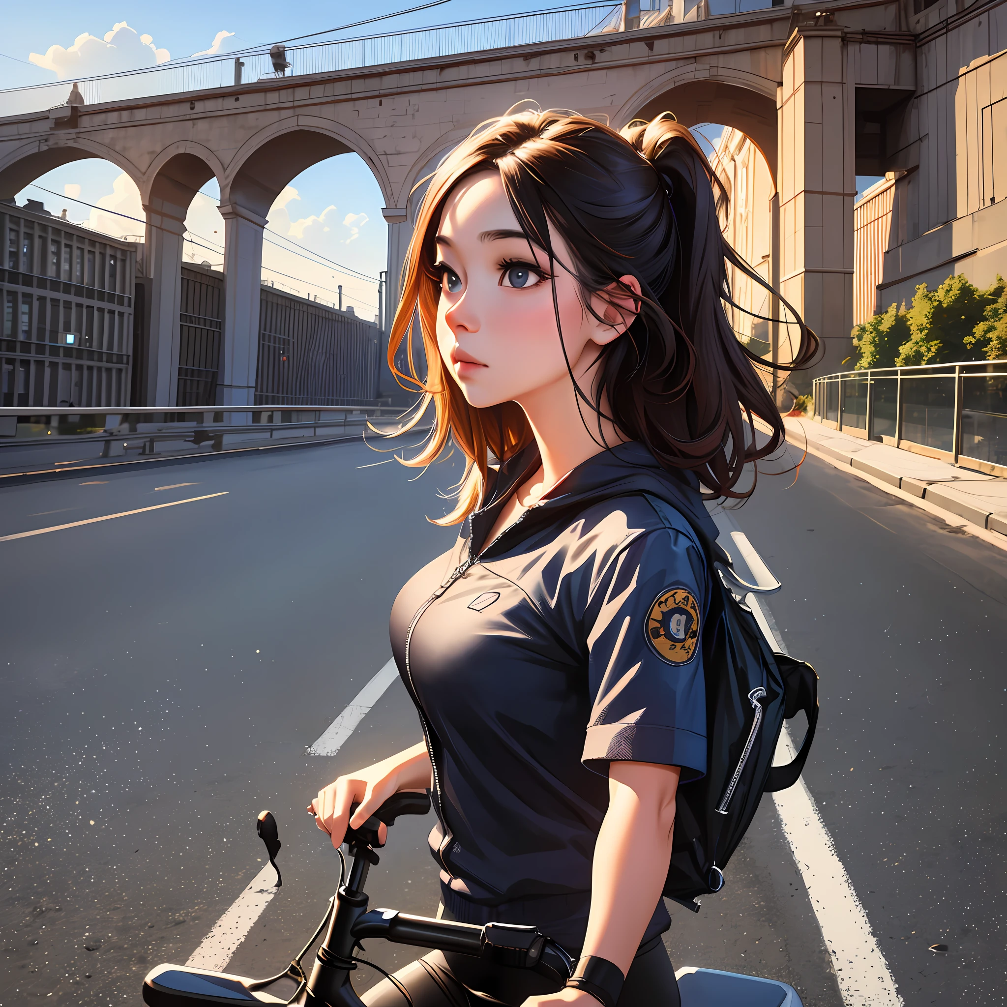 1girl, riding a bike, bridge in background, cinematic lighting, realistic, masterpiece beautiful extremely detailed highres absurdres realistic detailed,