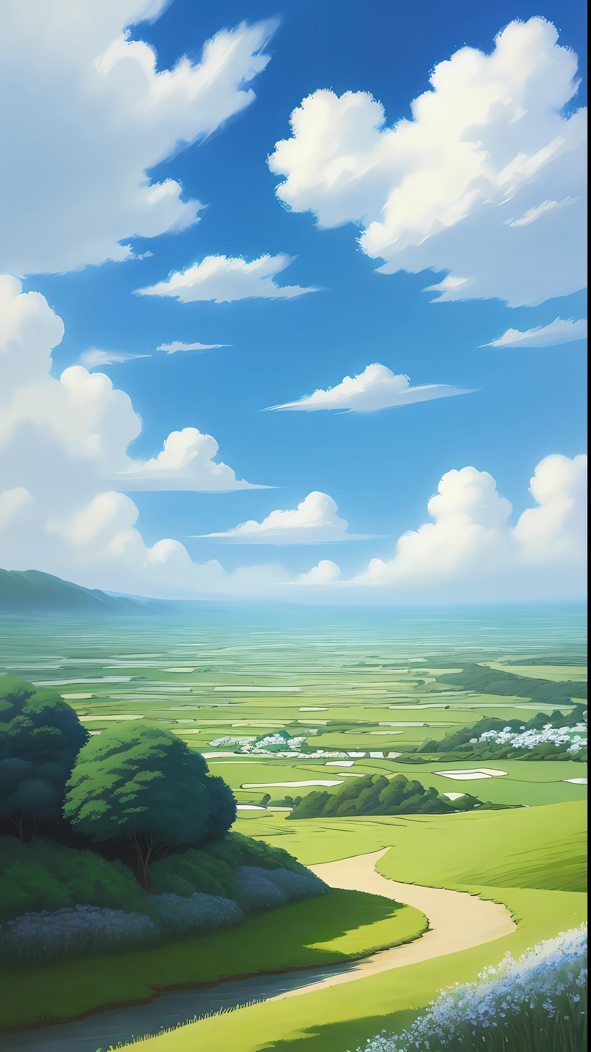 Realistic, authentic, beautiful and amazing landscape oil painting Studio Ghibli Hayao Miyazaki&#39;s petal grassland with blue sky and white clouds --v6