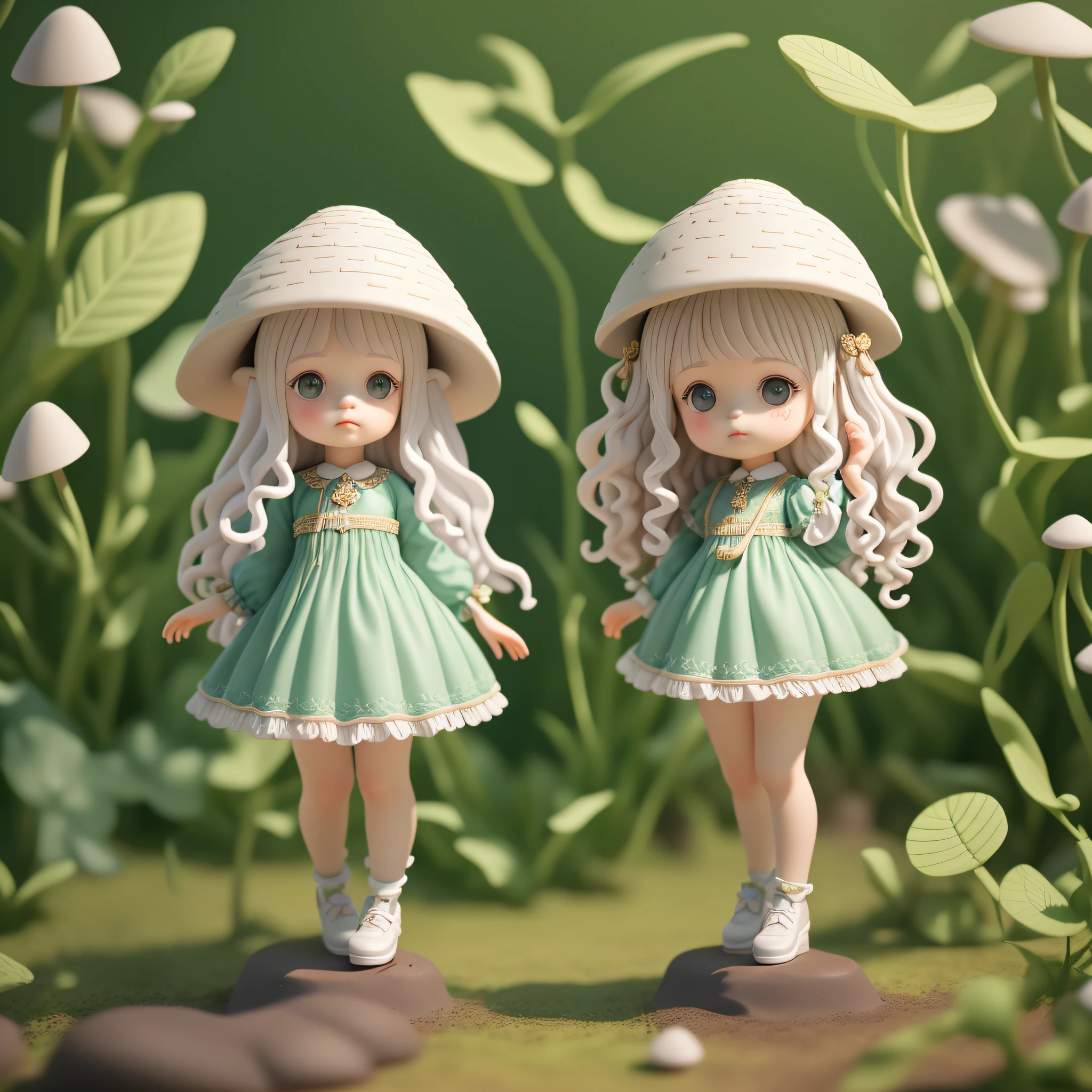 Cute little girl with big watery eyes, full body, delicate shoes, delicate hair, mushroom, small mushroom decoration, long black curly hair, intricate clothes, popmart blind box, clay texture, clean background, natural light, best quality, ultra detail, 3d art, c4d, blender, oc renderer, 3d render, 8k