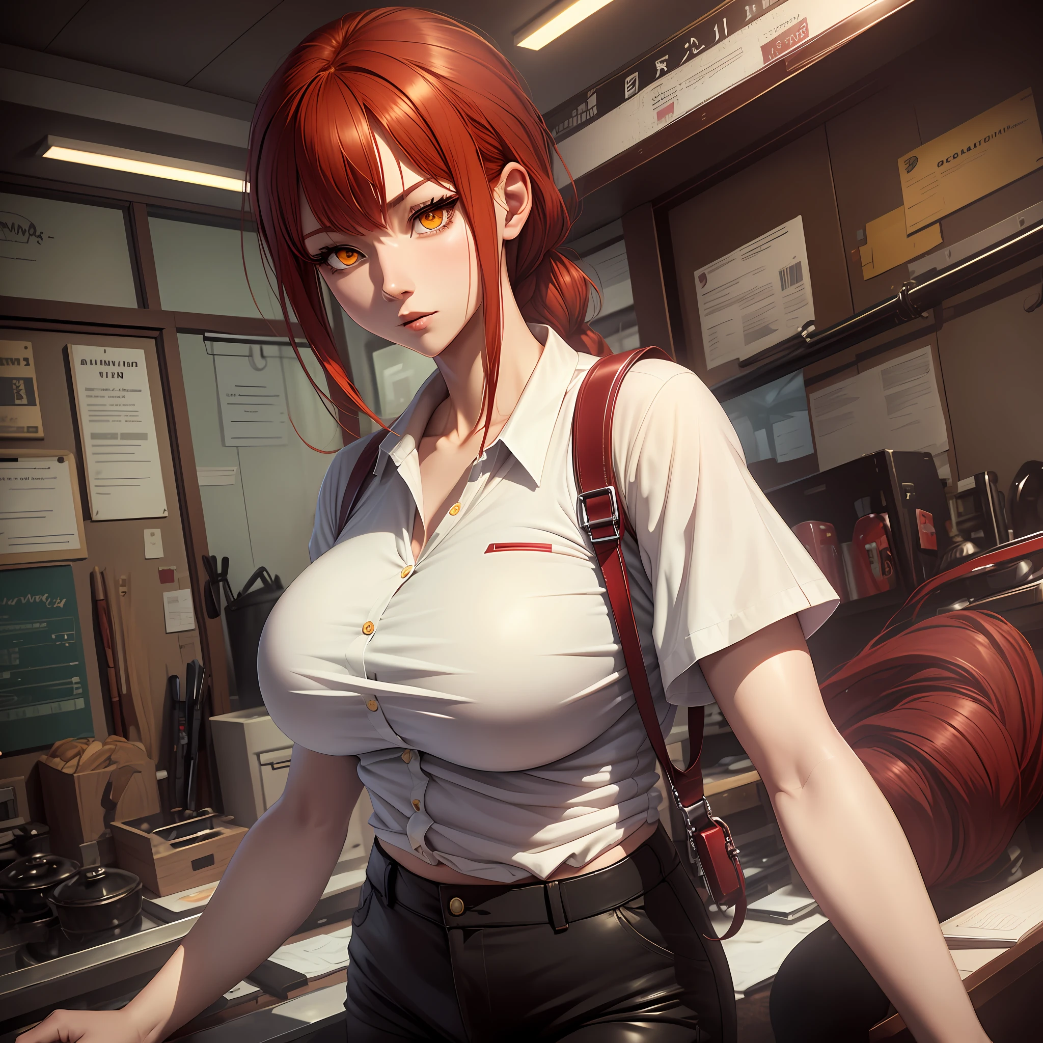 Animation, high quality, high resolution, chainsaw man: machima, red hair, yellow hoop eyes, white shirt, black trousers, big breasts, beauty