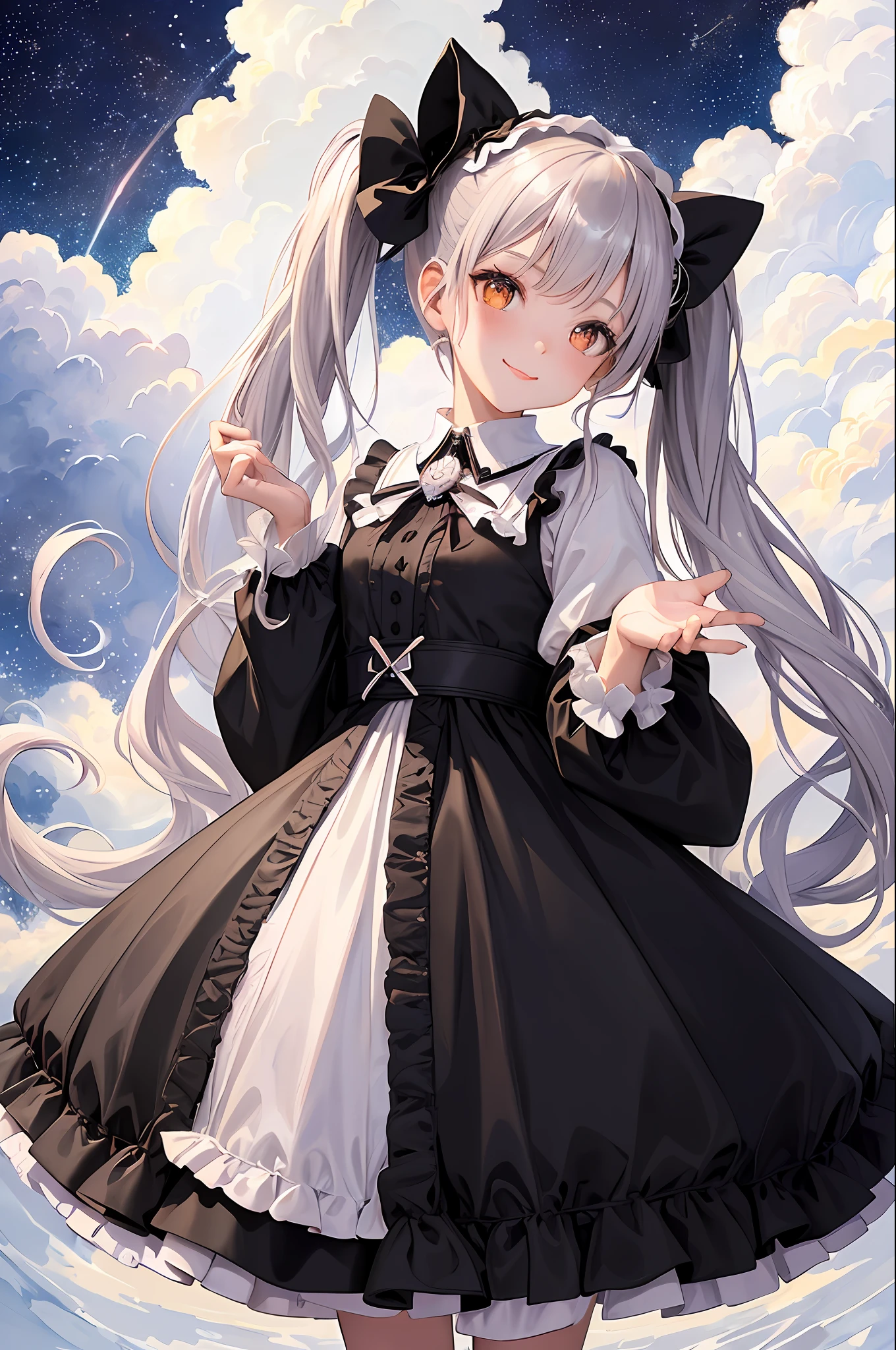(Masterpiece, Top Quality, Best Quality, Watercolor (Medium), Official Art, Beauty and Aesthetics: 1.2), (1girl: 1.3), (Fractal Art: 1.3), Upper Body, Looking at the Viewer from the Side, Pattern, (((Masterpiece, Excellent)), (1Girl))), ((Girly)), Silver-White Curly Hair ((((Twintails)))), Orange Eyes, Pink Pick Dye, M Bangs, Flat Chest, Slim, Smile, Black and White Lolita , pink bow, silver-white cat ears, elegant standing: 1.2), water, liquid, clouds, colorful, starry, stars,