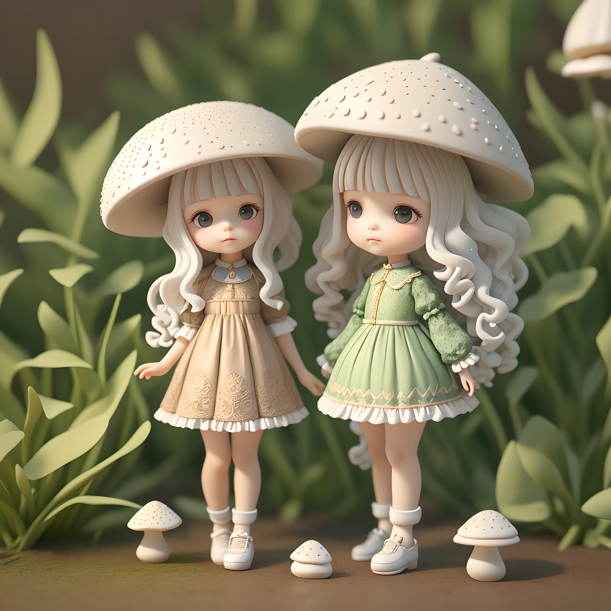 Cute little girl with big watery eyes, full body, delicate shoes, delicate hair, mushroom, small mushroom decoration, long black curly hair, intricate clothes, popmart blind box, clay texture, clean background, natural light, best quality, ultra detail, 3d art, c4d, blender, oc renderer, 3d render, 8k