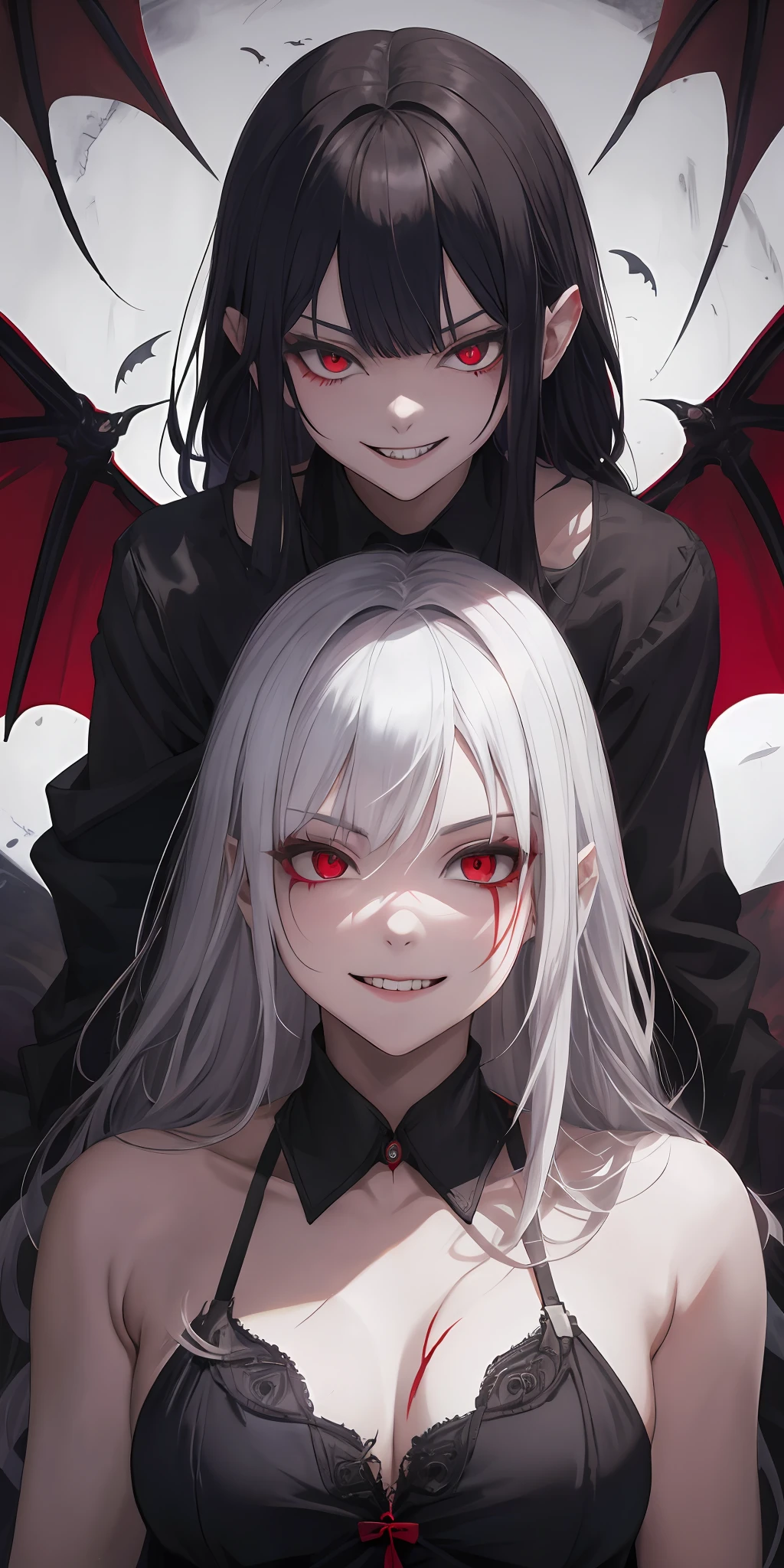 Red eyes, vampir teeth fangs, booldy face, blood out of mouth, smirk,bat wings, scary smile, psychopathic smirk, psychopathic smile, scary, mouth opem, angry eyes, vampire, dark hall background, red + blue + green