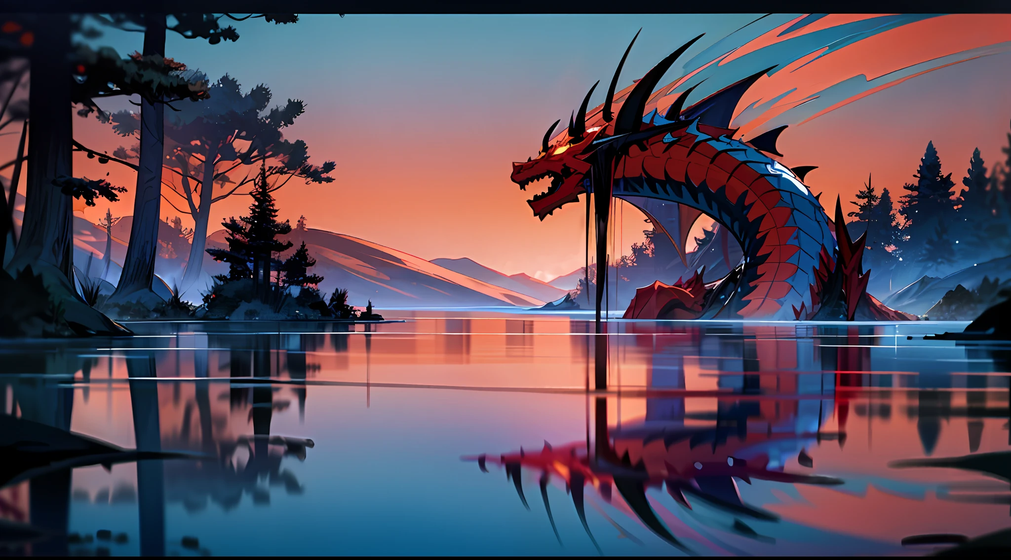(dense forest background:1.2+horizon:0.8), huge lake, blue glow, shaded daytime sky, sharp details, red dragon drinking water at the edge of the lake on the horizon, fire dragon, red scale dragon,rising sun, good clarity, add_detail:1, pov