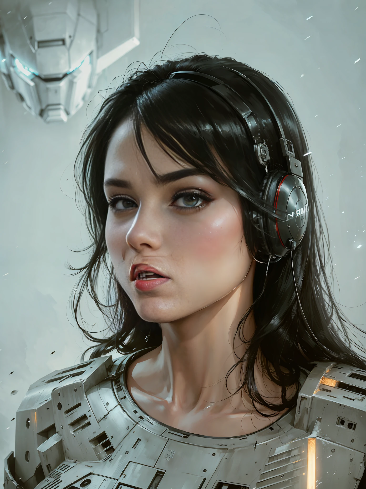 Portrait of a girl, human face, black hair, wearing mecha, machine armor, tech helmet earmuffs, metal, protruding parts, neck connected by machine levers, complex machine structure and parts, metal texture, battle damage, sense of technology, strong contrast lighting, sense of technology, background paste HD, Transformers style, 8K, realism, portrait,