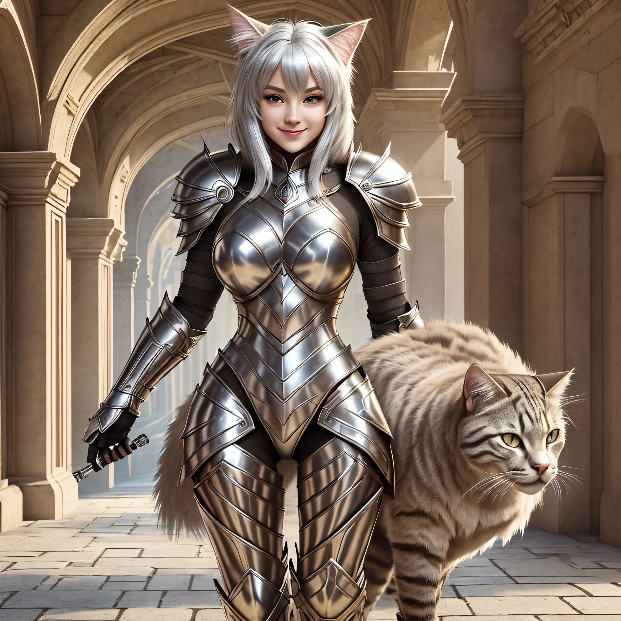 Super cute furry cat warrior in armor, armor is gold and silver and silver, realistic, body portrait, sexy, 4K, super detailed, vray rendering, Unreal Engine, mid-journey art style, the most beautiful images in the world, amazing location, 4k, 8k, ultra high resolution, high resolution, HDR, smile, ((smile)), ((standing)))), full body, Amazing place, 4k, 8k, hyper gulity, highly detailed, hyper gulity, highly detailed, water--V5--S 750--Q2, ((masterpiece, highest quality, high quality, high resolution)), great place, best quality, body portrait --auto --s2