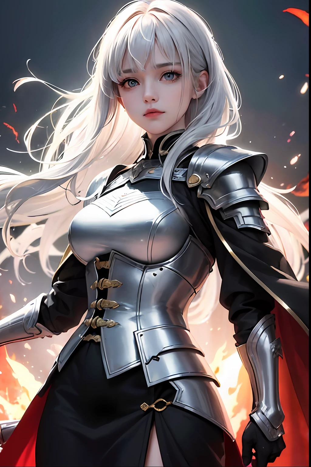 ((super fine illustration, 8k, Masterpiece :1.2, Sharp focus :1.2, depth of field:1.2)), Beautiful swordswoman, cinematic lighting, absurdity, Highly detailed face and skin texture, silver hair, jet-black armor, flame armor, cloak wrapped in flames, sword wrapped in flames, flame wings, determination to overcome sorrow, A sign of determination in your gentle eyes , strong soul