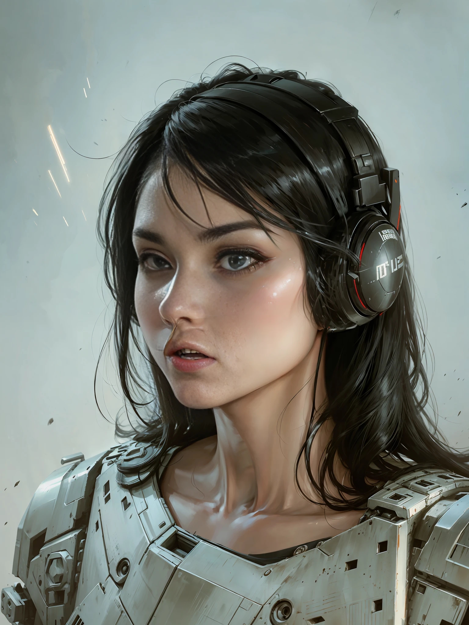 Portrait of a girl, human face, black hair, wearing mecha, machine armor, tech helmet earmuffs, metal, protruding parts, neck connected by machine levers, complex machine structure and parts, metal texture, battle damage, sense of technology, strong contrast lighting, sense of technology, background paste HD, Transformers style, 8K, realism, portrait,