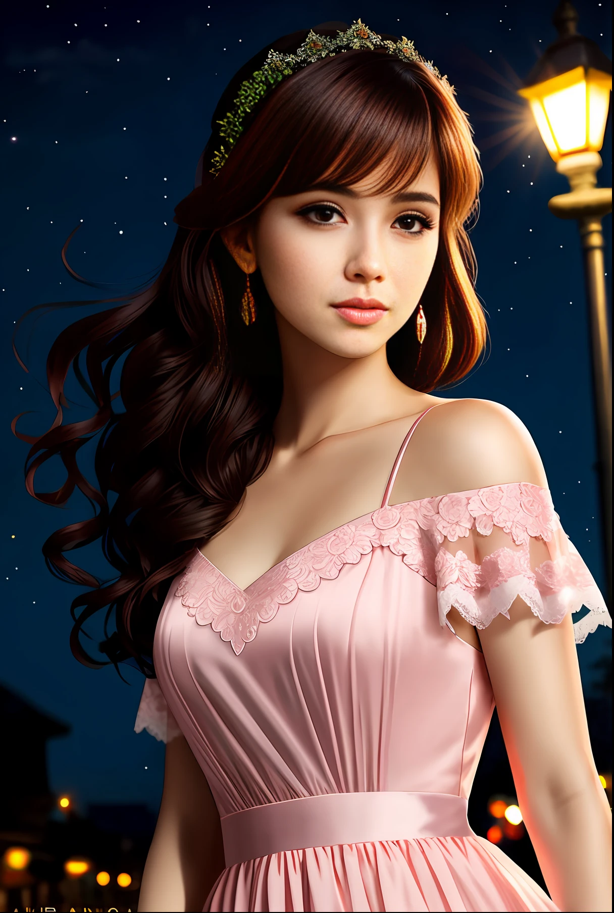 Beautiful girl looking at camera, real girl, halfbody shot,(((realistic face))),street lamps,dim moonlight,pink lace gown,