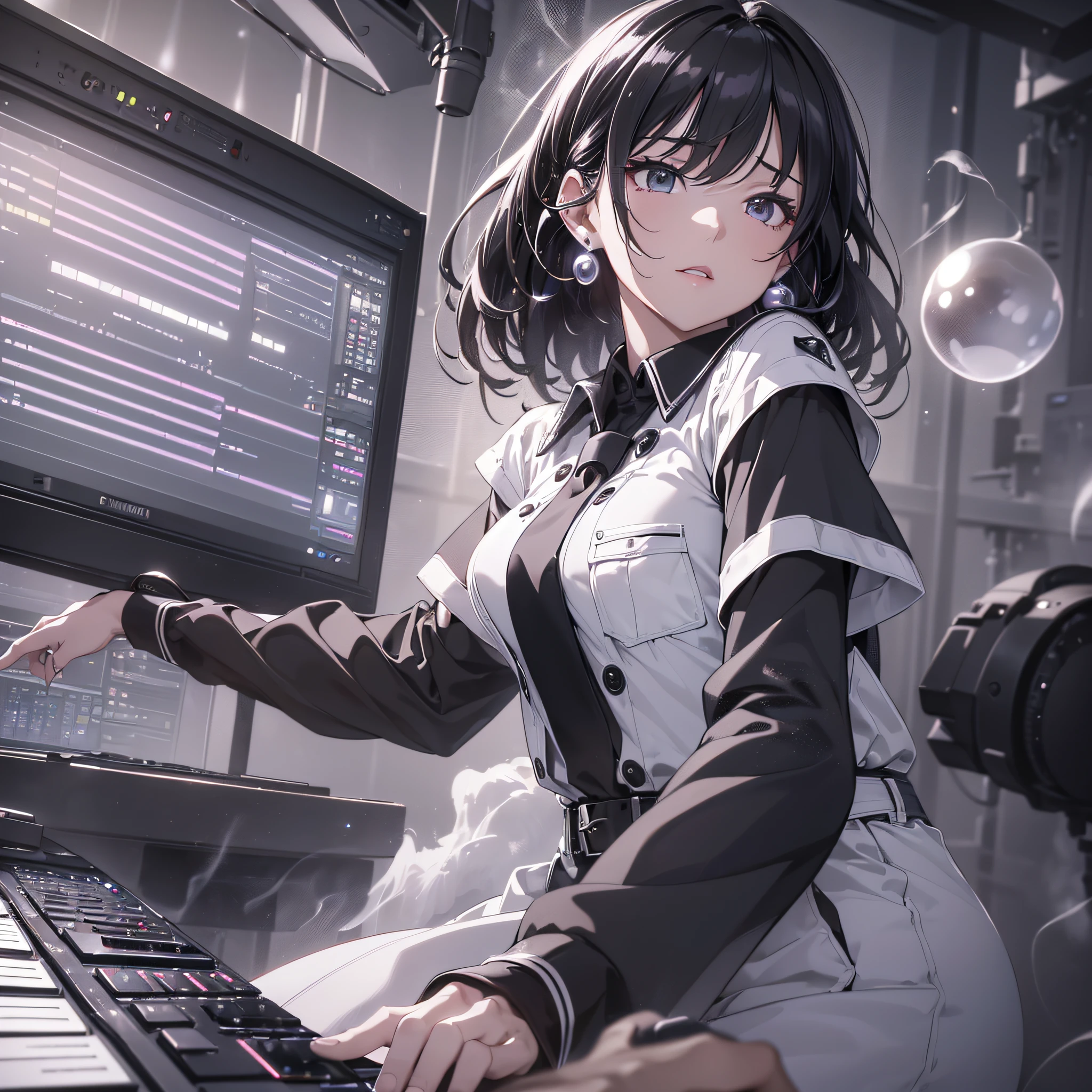 (extremely detailed CG unity 8k wallpaper,masterpiece, best quality, ultra-detailed),(floating, dynamic pose, dynamic angle), shirt pocket, black hair color, singer in the studio, sharp notes, black and white keyboard, finger-curved mic, twinkling lights, pearl earrings, ( Volumetric light, smoke, spotlight, warm tone)。