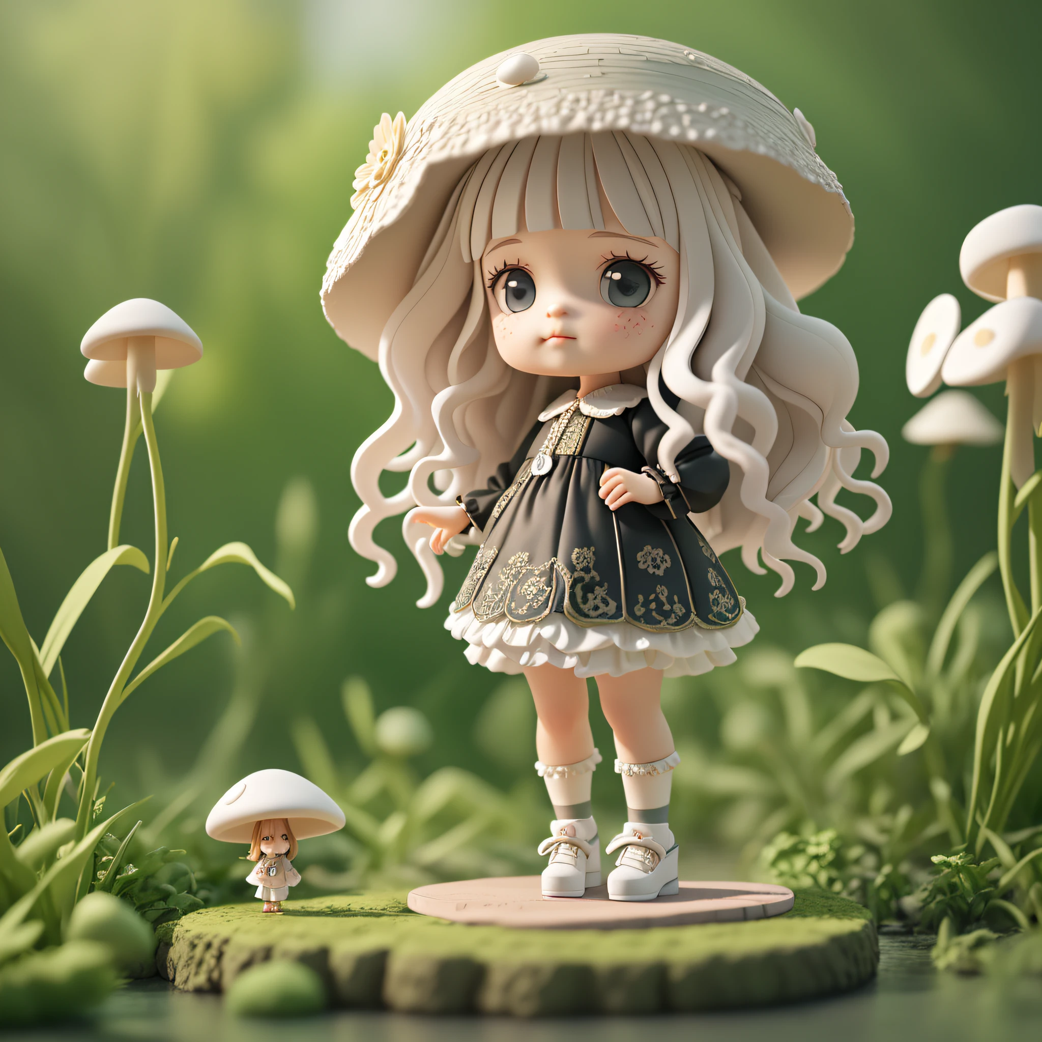 Cute little girl with big watery eyes, full body, delicate shoes, delicate hair, mushroom, small mushroom decoration, long black curly hair, intricate clothes, popmart blind box, clay texture, clean background, natural light, best quality, ultra detail, 3d art, c4d, blender, oc renderer, 3d render, 8k