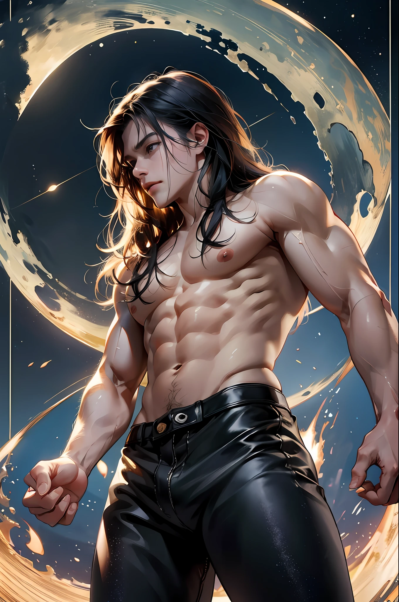 (8k image, RAW:1.2),Best quality, Ultra high resolution,Stunning angles,(Splash of sparkling detail), (illustration), 1 man, bouncing, muscle, sweat, sexy, unclothed, six-pack, perfect looking, wavy hair, (sky detailed), moon, high level, detail, (masterpiece, best quality, extreme detail CG Unity wallpaper 8k, masterpiece, best quality, special details),