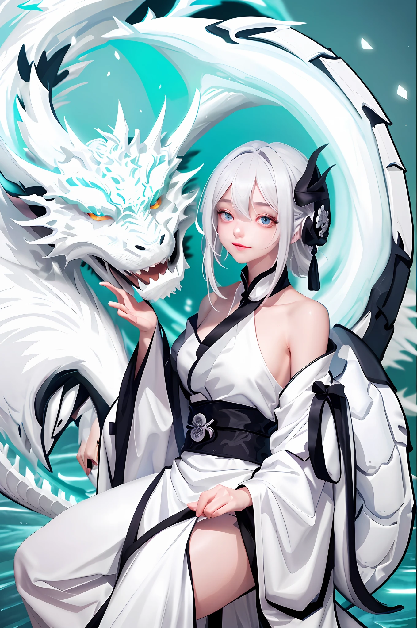 Anime girl sitting on chair with a dragon on arm, white-haired god, dragon girl, dragon girl portrait, popular on ArtStation pixiv, anime style illustration, anime illustration, white hair, pixiv, white-haired lady, digital anime illustration, clean detailed anime art, anime style 4 K, demon killer ru fanart