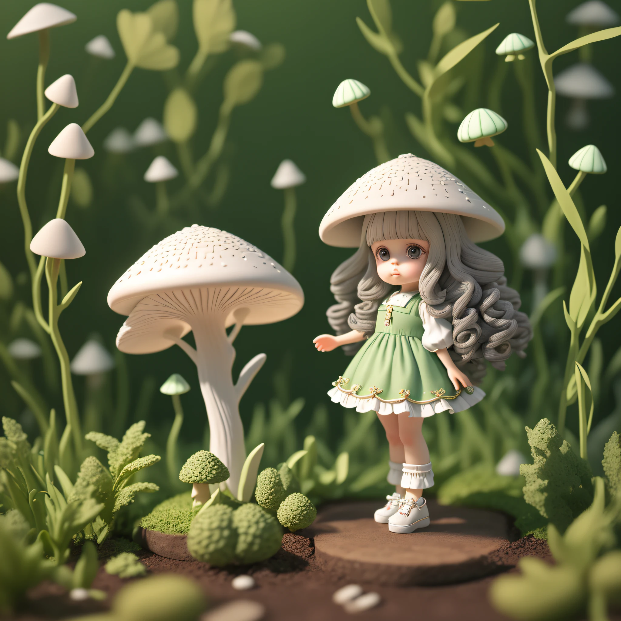 Cute little girl with big watery eyes, full body, delicate shoes, delicate hair, mushroom, small mushroom decoration, long black curly hair, intricate clothes, popmart blind box, clay texture, clean background, natural light, best quality, ultra detail, 3d art, c4d, blender, oc renderer, 3d render, 8k