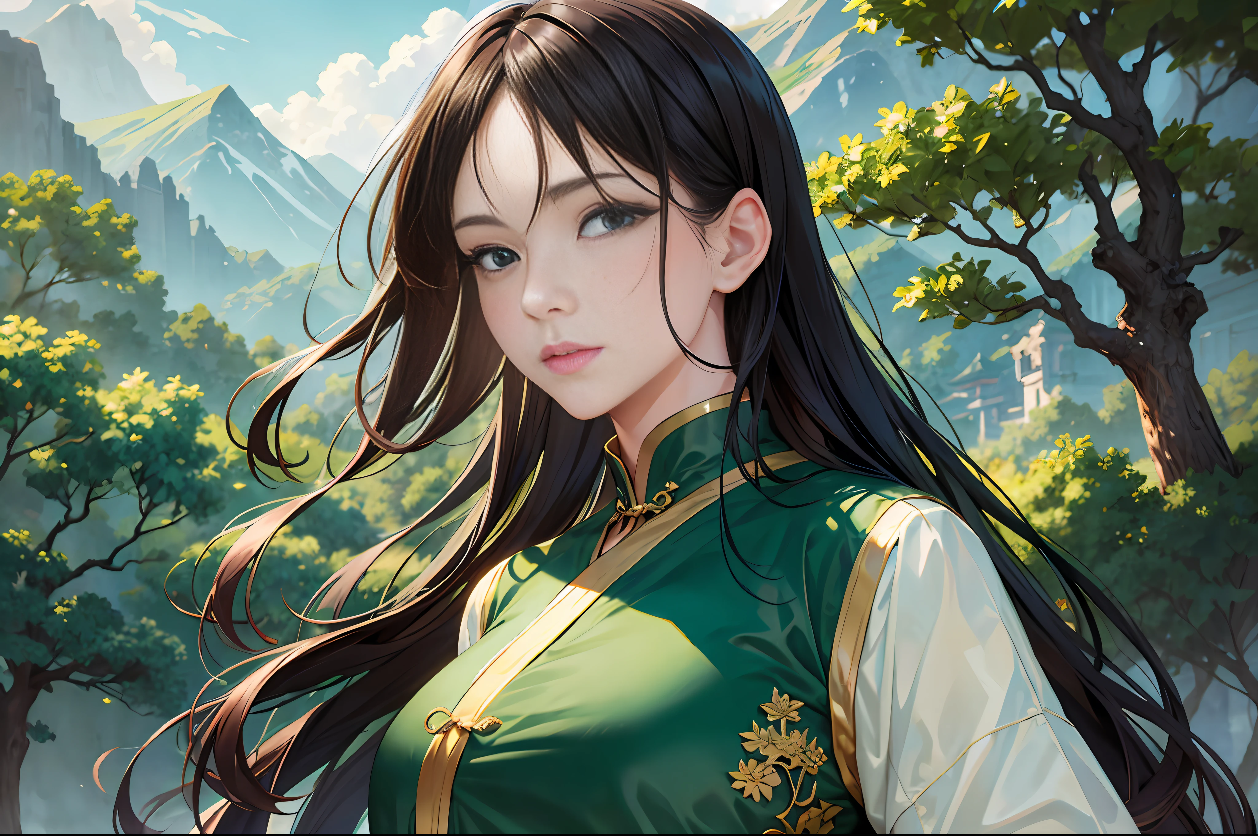 Masterpiece, top quality, best quality, beauty and aesthetics: 1.2) antique picture, a woman, standing quietly, still picture, close-up, standing, watching, no movement, looking into the distance, beautiful, green martial arts clothes, ancient style, martial arts style, Chinese martial arts. Outdoor, super large, martial arts arena, gathering many people, ancient style.