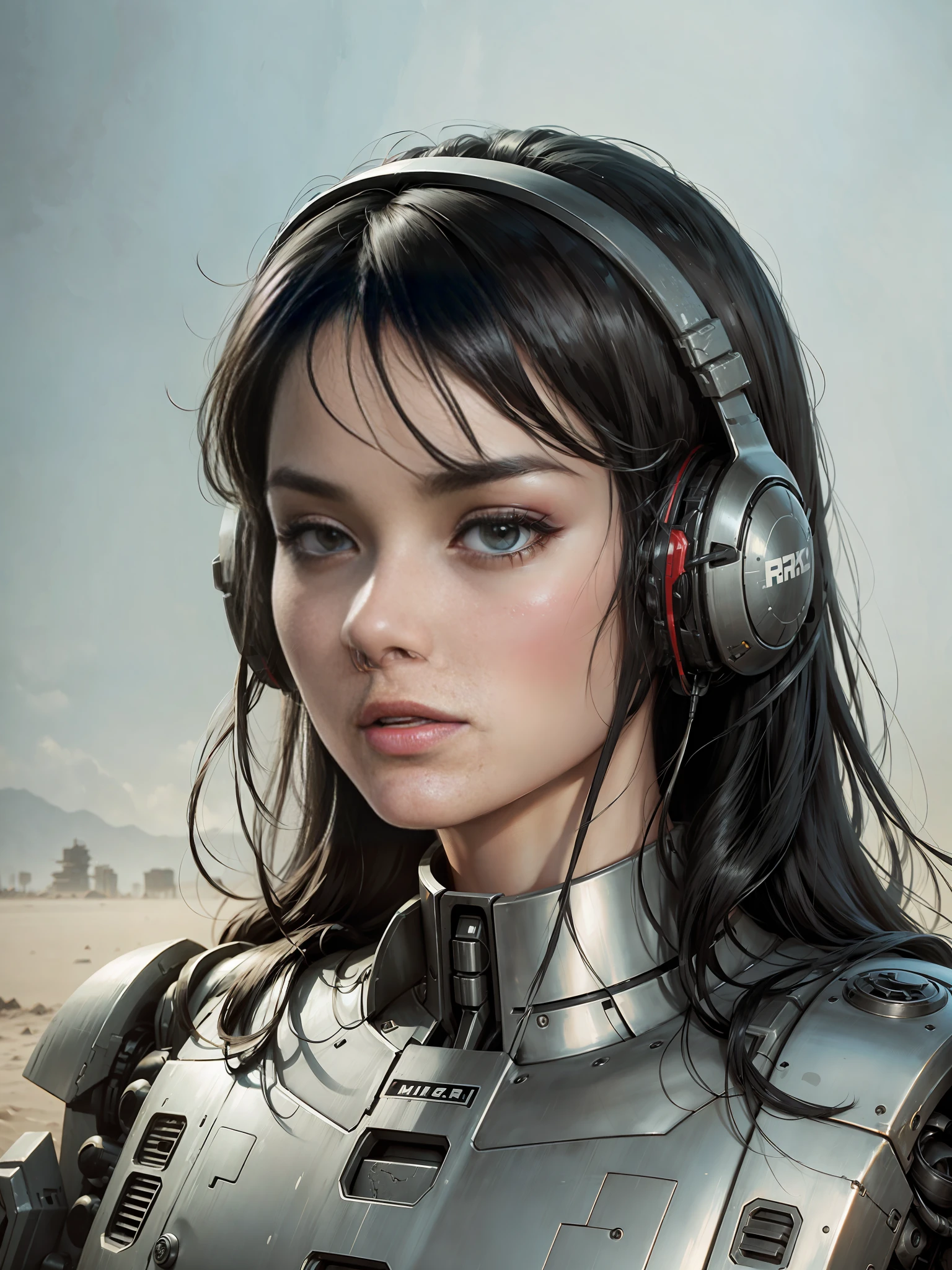 Portrait of a girl, human face, black hair, wearing mecha, machine armor, tech helmet earmuffs, metal, protruding parts, neck connected by machine levers, complex machine structure and parts, metal texture, battle damage, sense of technology, strong contrast lighting, sense of technology, background paste HD, Transformers style, 8K, realism, portrait,