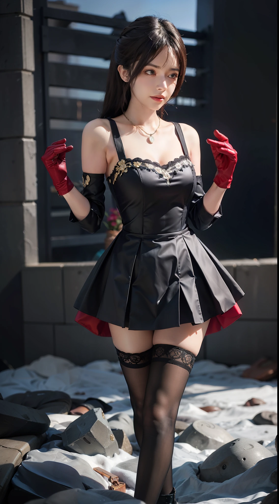 Masterpiece, best quality, Kyoyyu V4, 1 girl, solo, full body, look at the audience, shut up, gloves, dress, stockings,