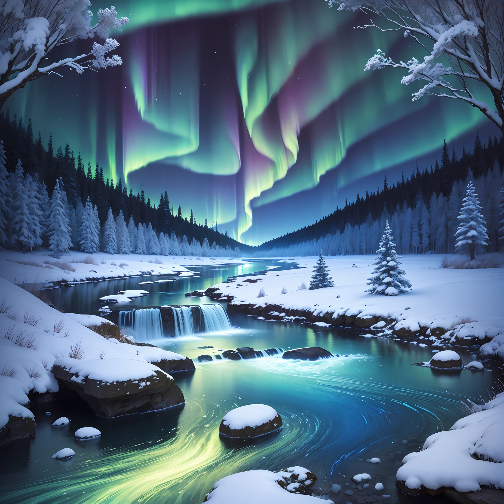 Aurora borealis landscape, very blue stream, 3D wallpaper, high definition colors, perfect core highlight --auto --s2