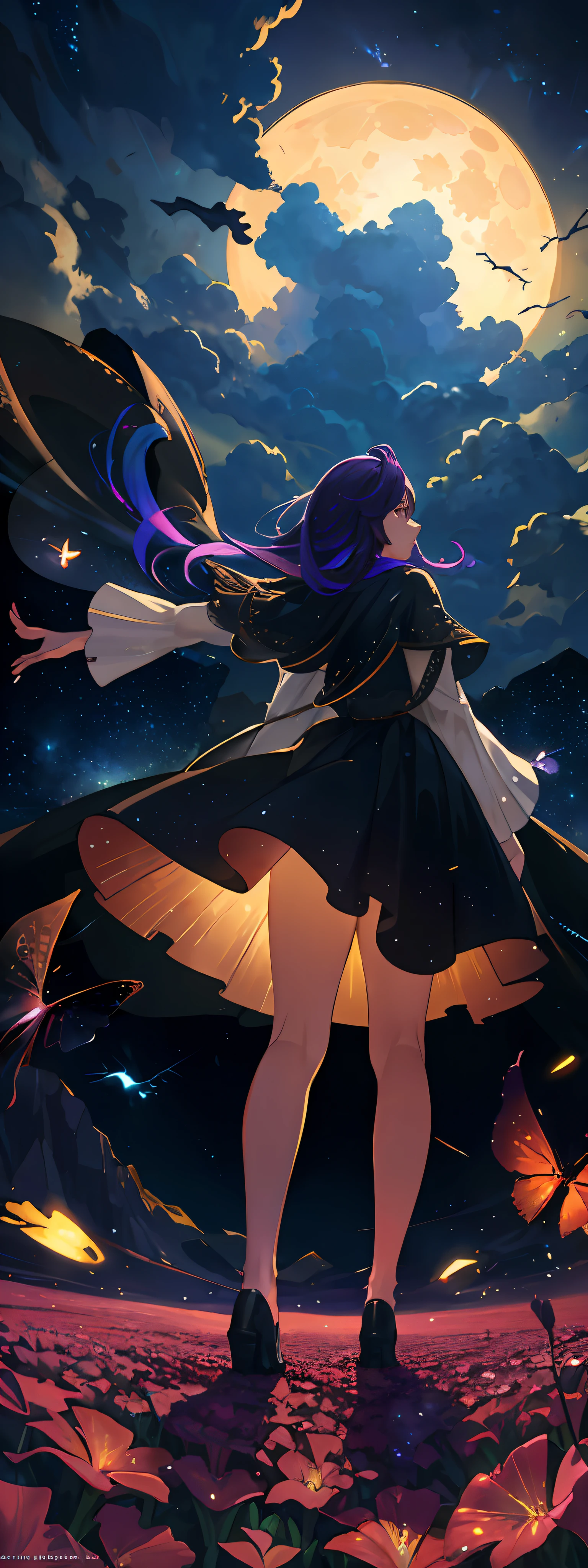 expansive landscape photograph , (a view from below that shows sky above and open field below), a girl standing on flower field looking up, (full moon:1.2), ( shooting stars:0.9), (nebula:1.3), distant mountain, tree BREAK
production art, (warm light source:1.2), (Firefly:1.2), lamp, lot of purple and orange, intricate details, volumetric lighting BREAK
(masterpiece:1.2), (best quality), 4k, ultra-detailed, (dynamic composition:1.4), highly detailed, colorful details,( iridescent colors:1.2), (glowing lighting, atmospheric lighting), dreamy, magical, (solo:1.2)
