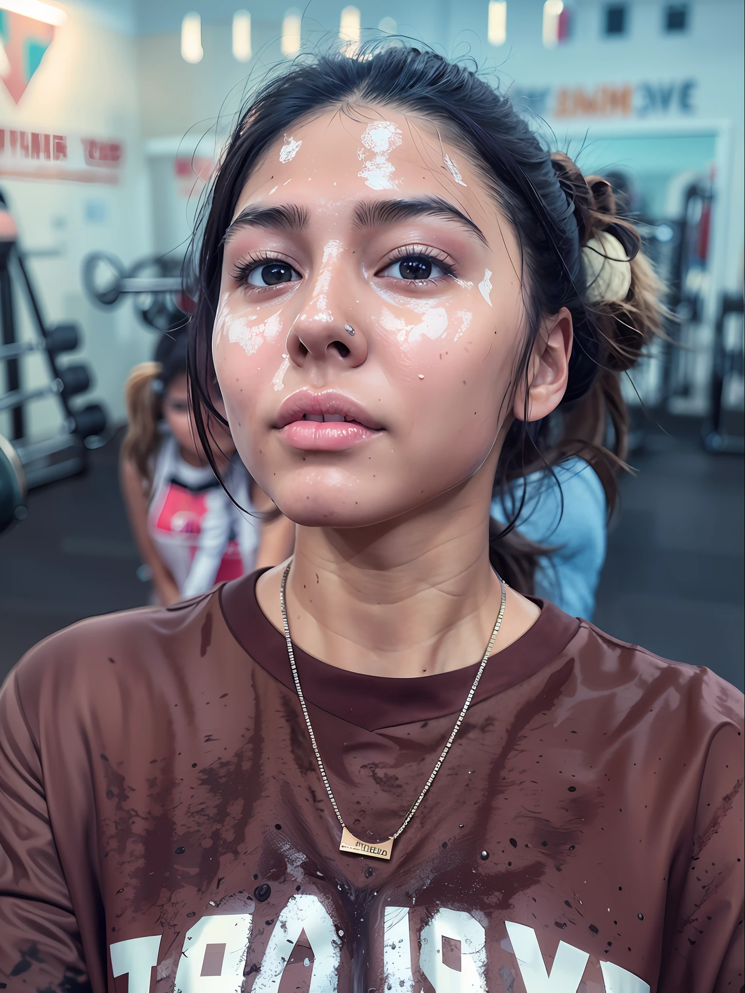 there is a woman that is standing in a gym with a necklace, her face flushing and sweat, in a gym, without makeup, with accurate face, full round face, sweaty face, sexy face, 18 years old, her face muddy and sweat, working out, 21 years old, 2 2 years old, strong chin, 8k.