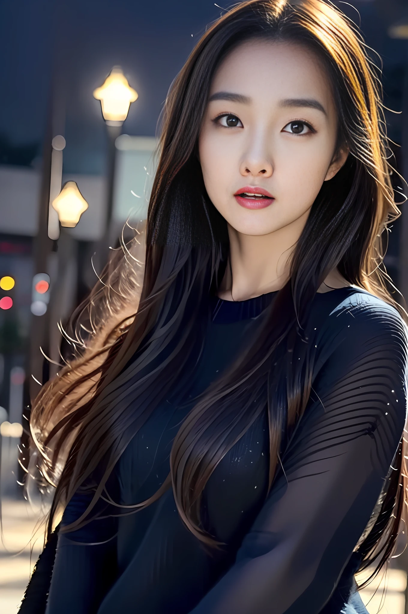 masterpiece, (front focus), surrealist female portrait, fantasy art, realism, dynamic lighting, art station, poster, volumetric lighting, highly detailed face, black and fluffy eyes, shiny pupils,4K, award-winning, 1 girl, understated,fullbody shot, (official attire: 1.4,blue sweater), street light, dark brown hair,