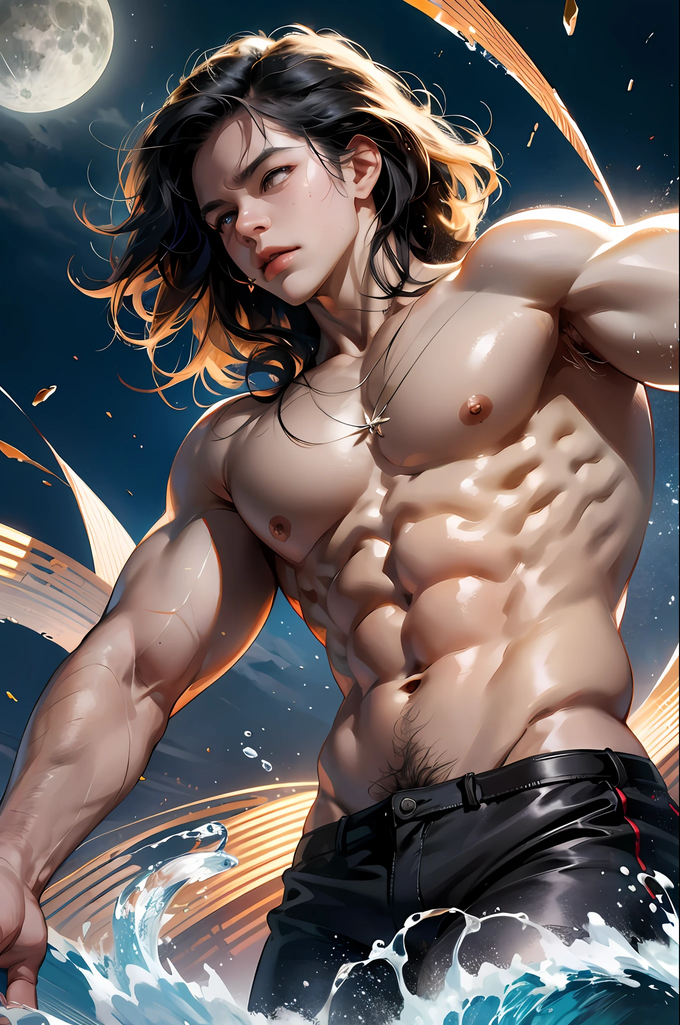 (8k image, RAW:1.2),Best quality, Ultra high resolution,Stunning angles,(Splash of sparkling detail), (illustration), 1 man, bouncing, muscle, sweat, sexy, unclothed, six-pack, perfect looking, wavy hair, (sky detailed), moon, high level, detail, (masterpiece, best quality, extreme detail CG Unity wallpaper 8k, masterpiece, best quality, special details),