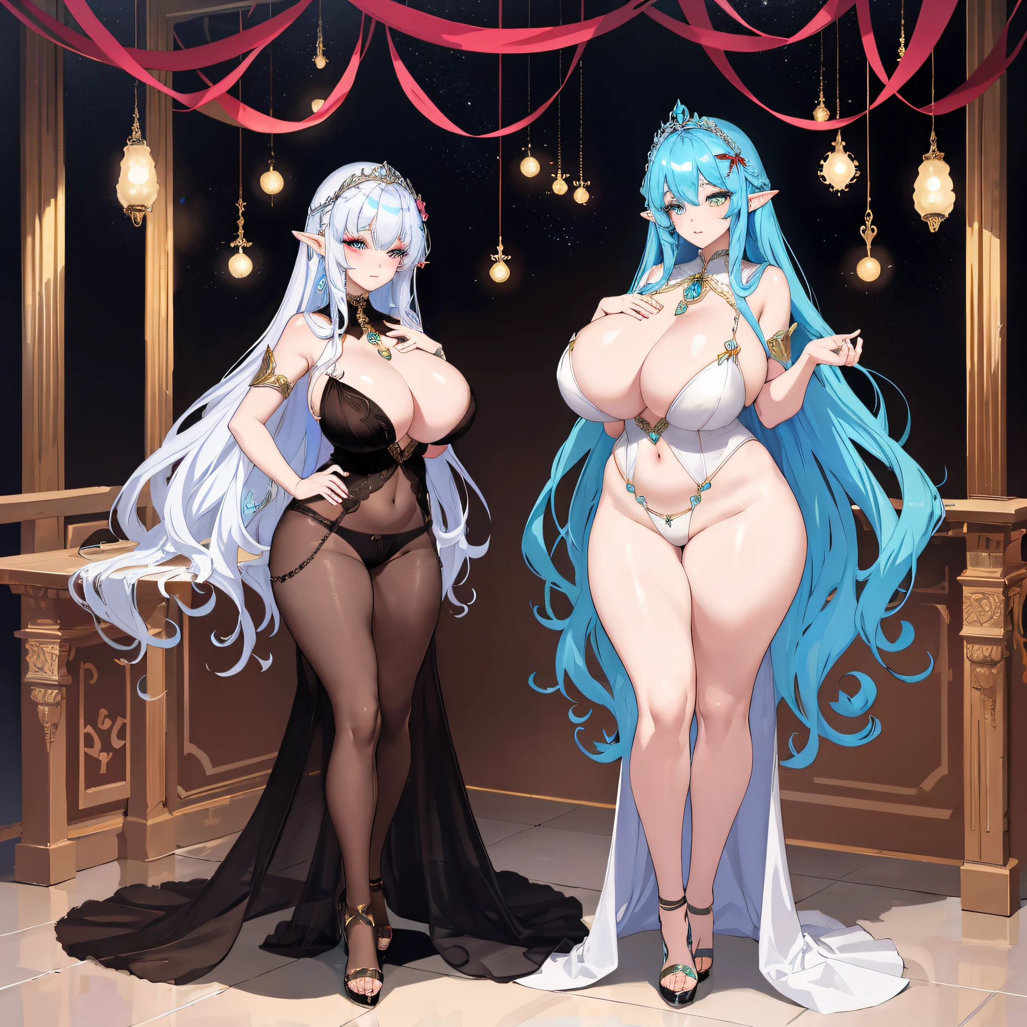 Big elf, seven colored hair, hot figure, big beauty, delicate and beautiful face, full body portrait, big eyes, beautiful face, big, transparent tulle, sexy and alluring, plump body, hands on chest, perfect body proportions