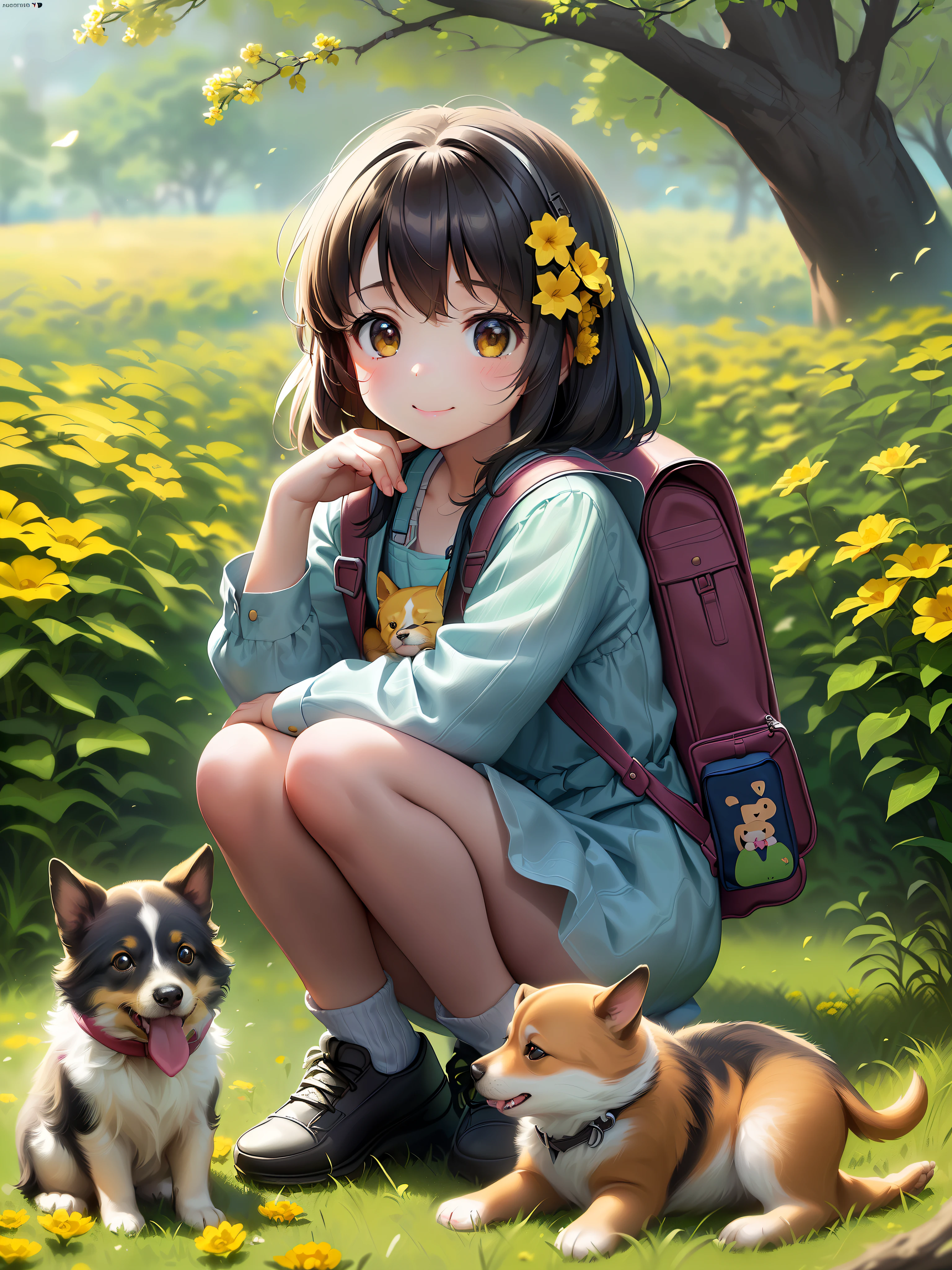 Tip: A very charming ****** girl with a backpack and her adorable puppy enjoying a lovely spring outing surrounded by beautiful yellow flowers and nature. The illustration is a high-definition illustration in 4K resolution with highly detailed facial features and cartoon-style visuals. --auto --s2