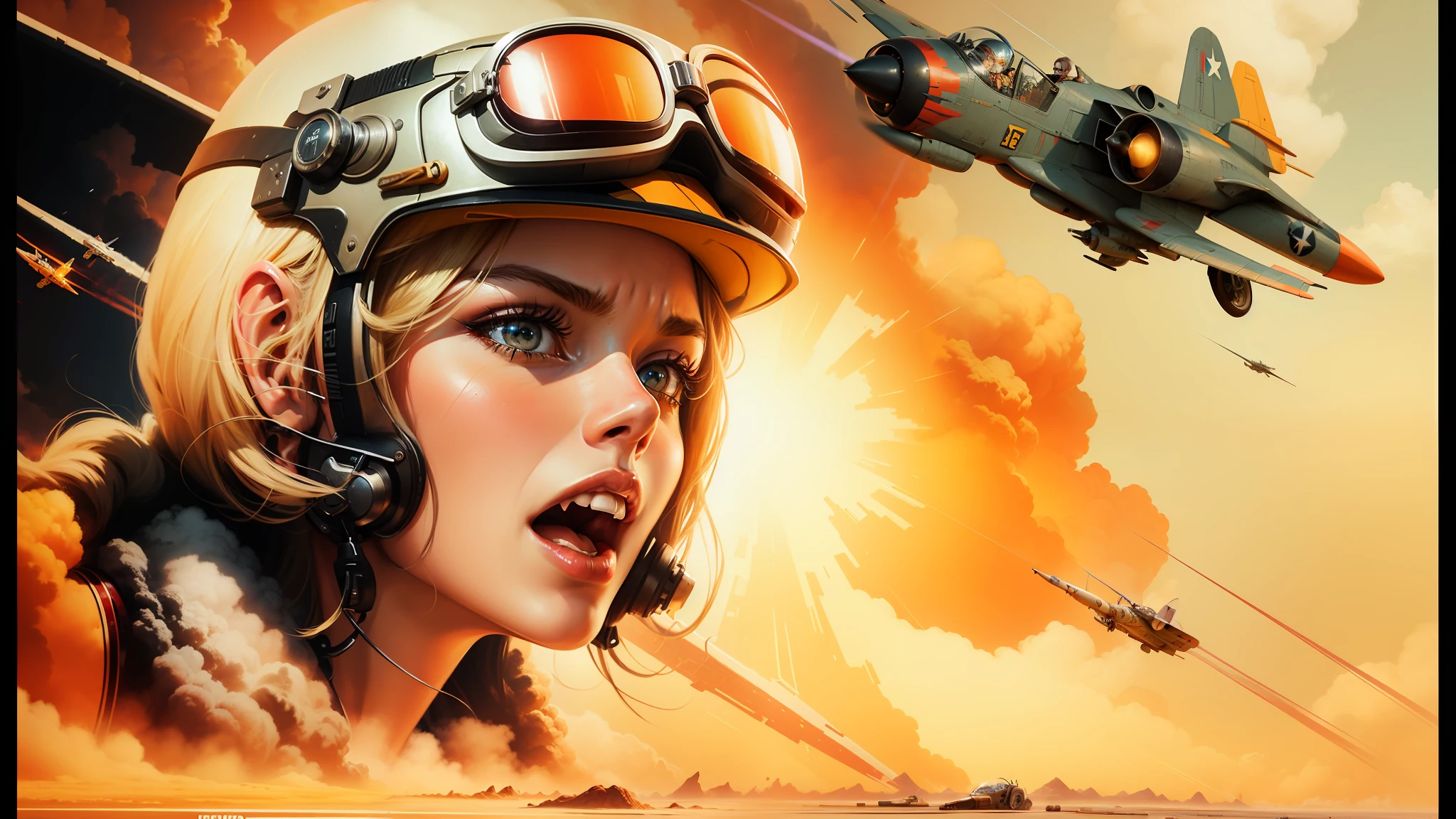 there is a woman in a helmet and goggles yelling, promotional images, jet fighter background, red sky background, theron, photorealistic digital art, gorgeous female samara weaving, biplanes, charli bowater and artgeem, hyperspeed, in style of dieselpunk, website banner, furious gorgeous woman --ar 16:9 --auto --s2