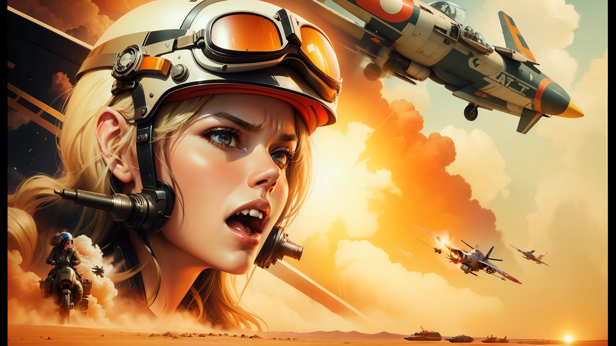 there is a woman in a helmet and goggles yelling, promotional images, jet fighter background, red sky background, theron, photorealistic digital art, gorgeous female samara weaving, biplanes, charli bowater and artgeem, hyperspeed, in style of dieselpunk, website banner, furious gorgeous woman --ar 16:9 --auto --s2