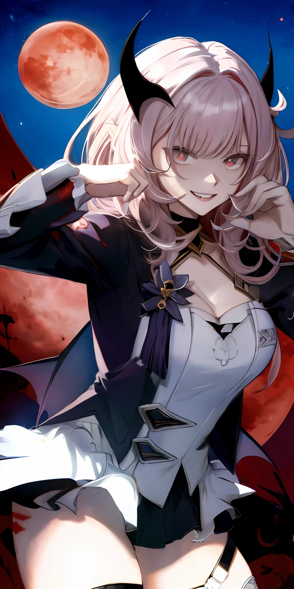 Vampire, bat wings, night sky, red moon, yandere smile, psychopathic smile, blood on face, blooded background, evil smile, teeth fangs, eyes shaped symbol| + |, cleavage