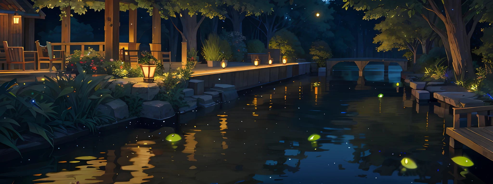 Waterside at night, many green glowing fireflies flying, ultra-realistic, beautiful, photogenic,