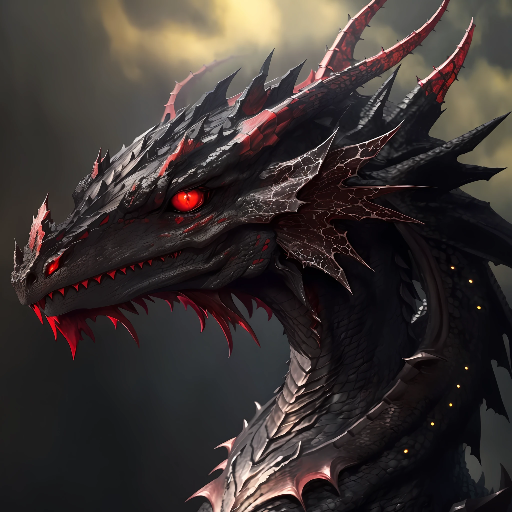 a close up of a dragon with red eyes and a black body, ancalagon the black, dragon portrait, portrait of a dragon, black dragon, a majestic gothic dragon, dragon with scars, dragon face, cyborg dragon portrait, a majestic gothic indian dragon, drogon, alduin, dragon head, dragon art, detailed dragon, by Adam Marczyński