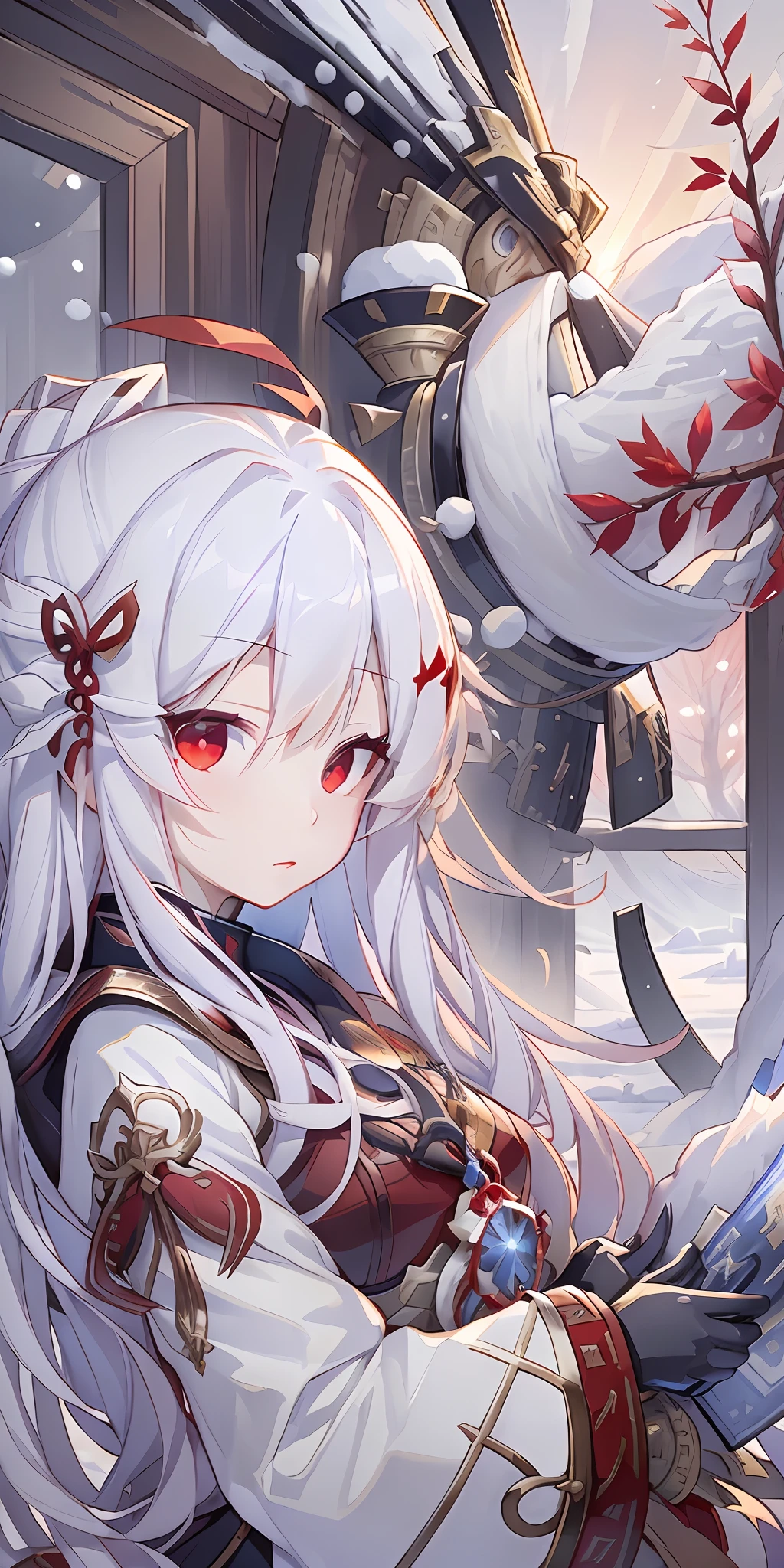 (Winter story in the countryside, static white snow scene, red eyes and long-haired boy, mysterious temperament, detailed artistic depiction of the image of the Onmyoji, lifelike life of the girl's front line, meticulous, sunset, beautiful details of the female form, seductive beauty of anime ladies)