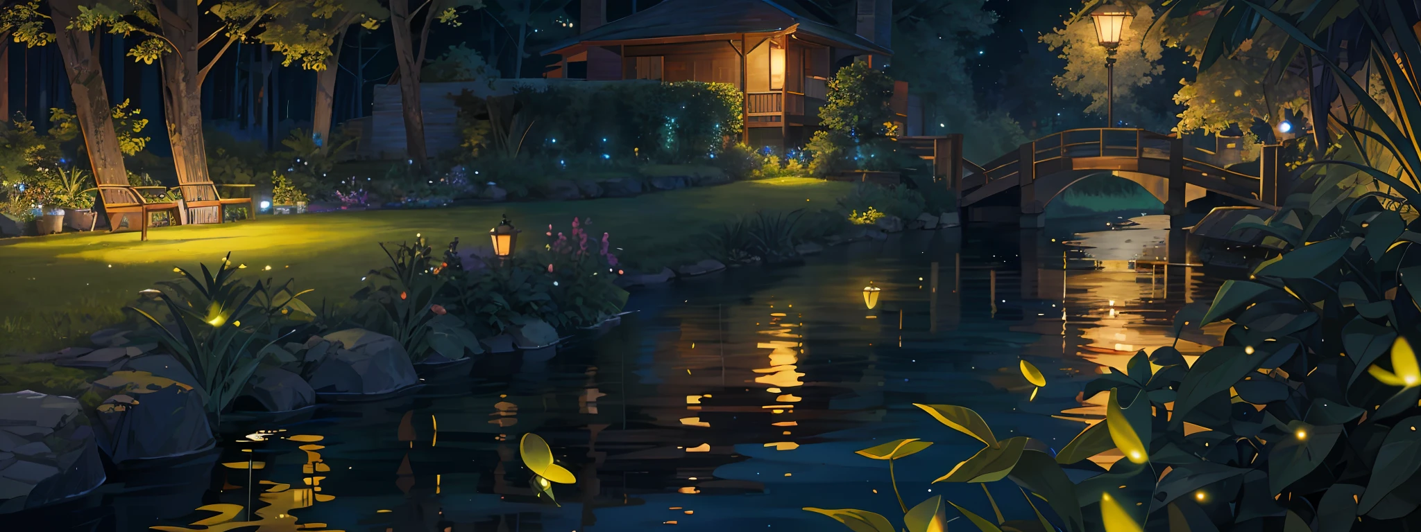 Waterside at night, many green glowing fireflies flying, ultra-realistic, beautiful, photogenic,