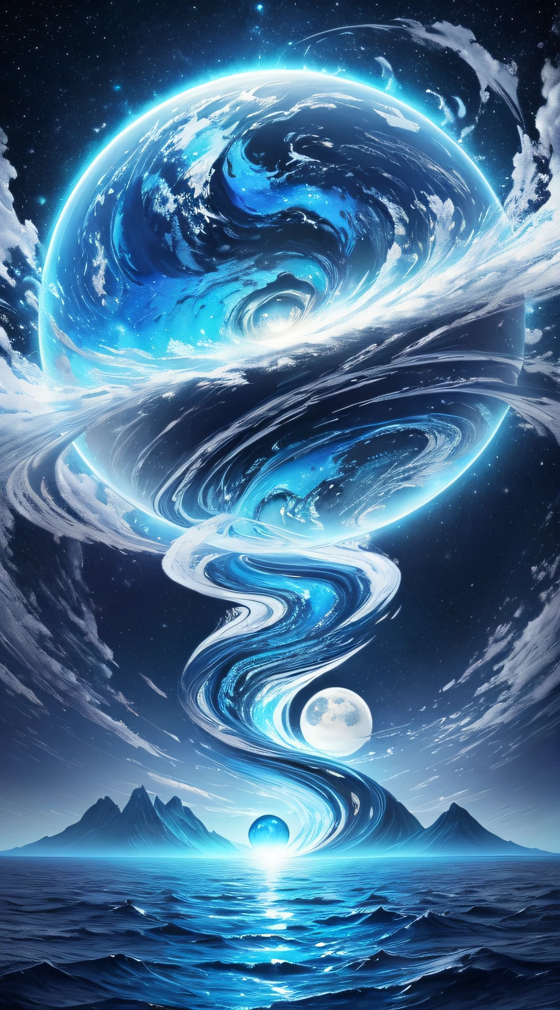 there is a picture of a blue and white swirl in the sky, swirling water cosmos, moon light fish eye illustrator, alien planet covered in water, 4k highly detailed digital art, a beautiful artwork illustration, planet in the sky, beautiful digital artwork, fantasy planet, fantasy sea landscape, swirling fluid, fractal world, blue planet, planet with rings