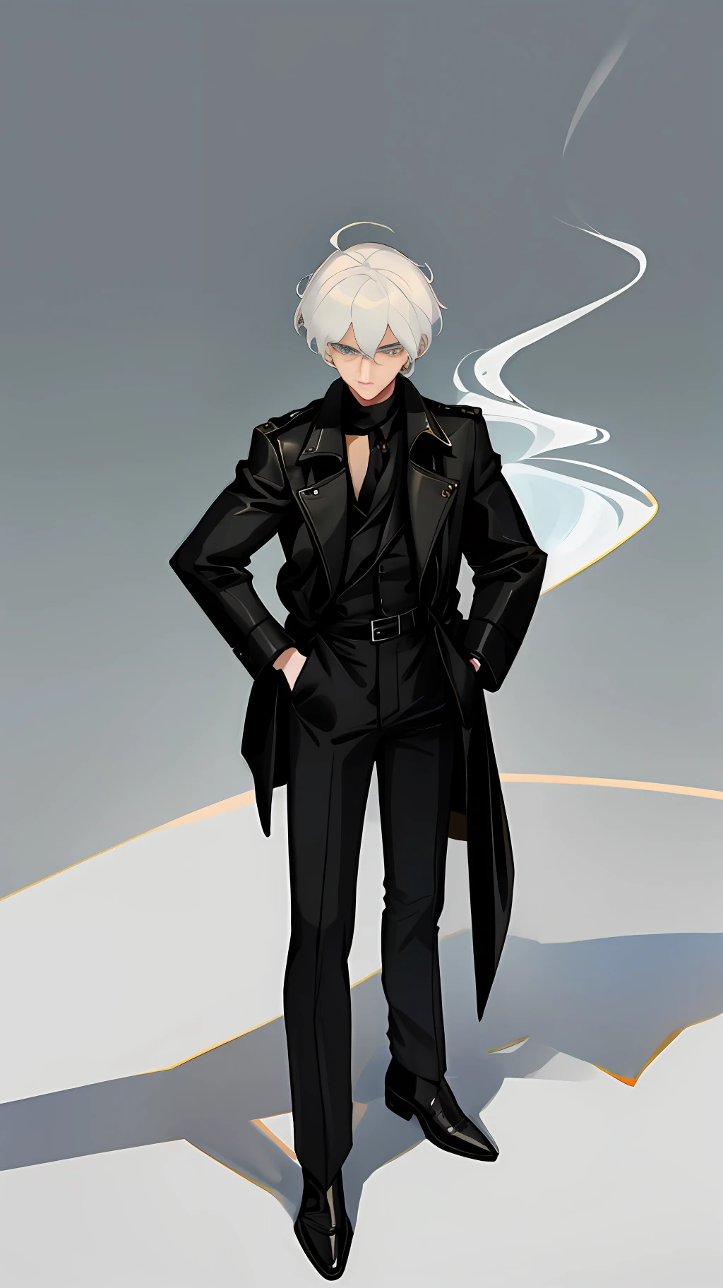 white hair, Ultra-short hair, curl, male, Caucasian Male, Tall figure, There are muscles, Perfect body proportions, Healthy body, thin waist, Handsome face, long eyelashes, blue eye, Fair complexion, High nose, thin lips, Indifferent eyes, Long black leather trench coat, Long black trench coat, Put your hands in your pockets, smoking, Two-dimensional style, Sharp edges, Clean lines, thick line, Tiled and colored, side, 8k, super detail, Advanced light and shadow