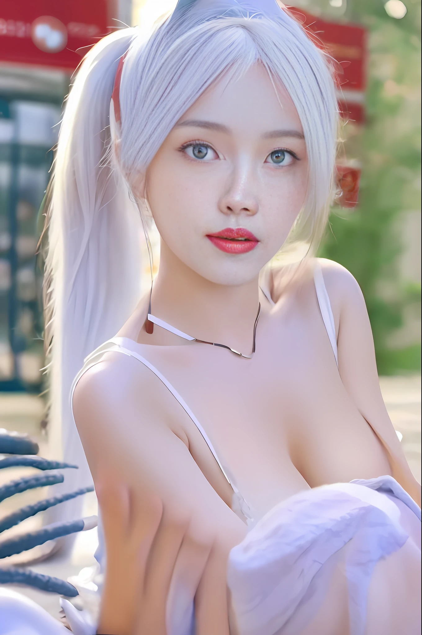 girl, ponytail white hair, korean, blue eyes, small moles under the eyes, loose white silk, stockings, big breasts, lively, sexy thighs ,realistic, high resolution,