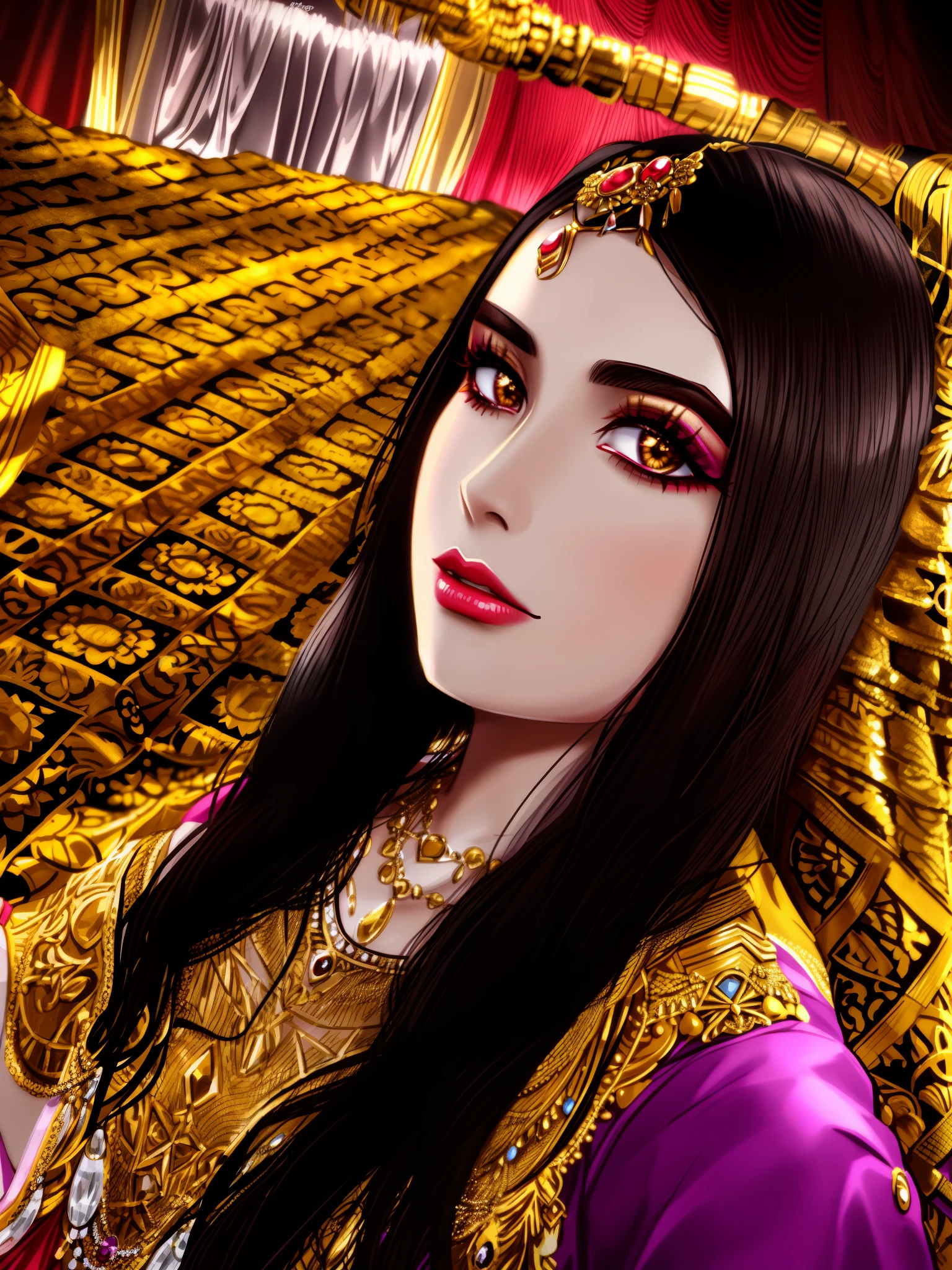 araffe woman in a gold outfit posing for a picture, with professional makeup, traditional makeup, traditional beauty, inspired by Ambreen Butt, maya ali sorceress, very very low quality picture, detailed flawless face, very very very beautifull face, very detailed and beautiful face, indian, full makup, very very low quality, profile picture, detailed gorgeous face