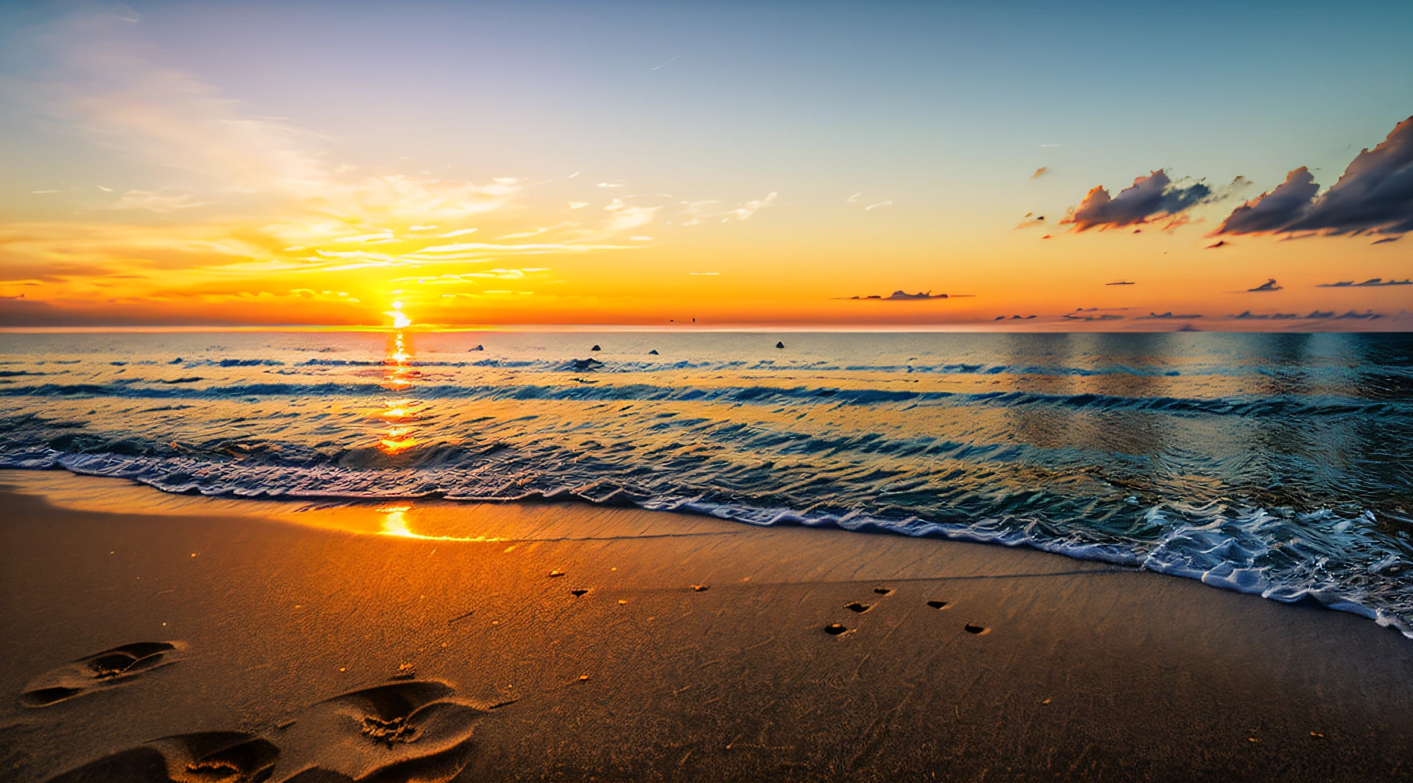 realistic photo style, reality, sunset beach, footprints on sand, empty bottle of beer, very beautiful sunset, more delicate, island beyond the horizon, uninhabited, cloudless sky, gentle waves, sunset reflected on the surface of the water,