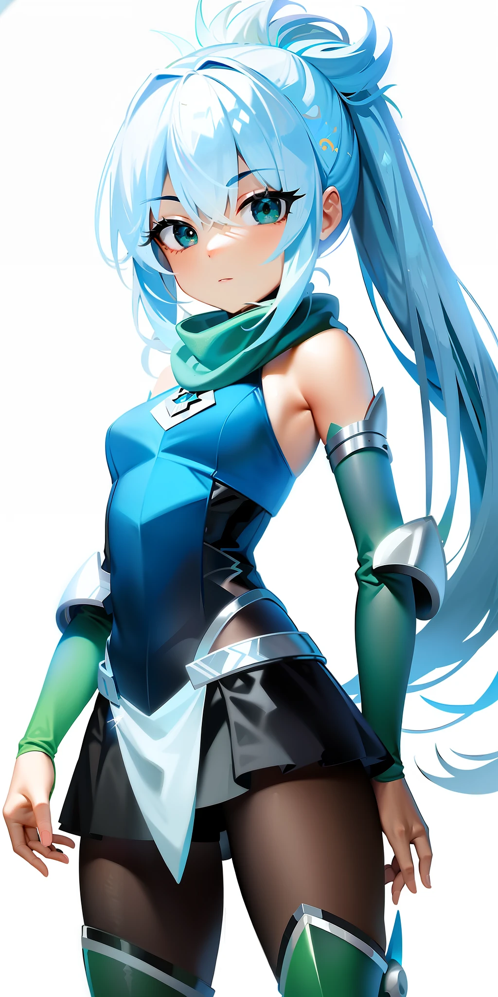 a cartoon image of a little green-haired girl in ice armor and knee-high silver armored boots and silver ring on her upper arms and scarf and tied hair