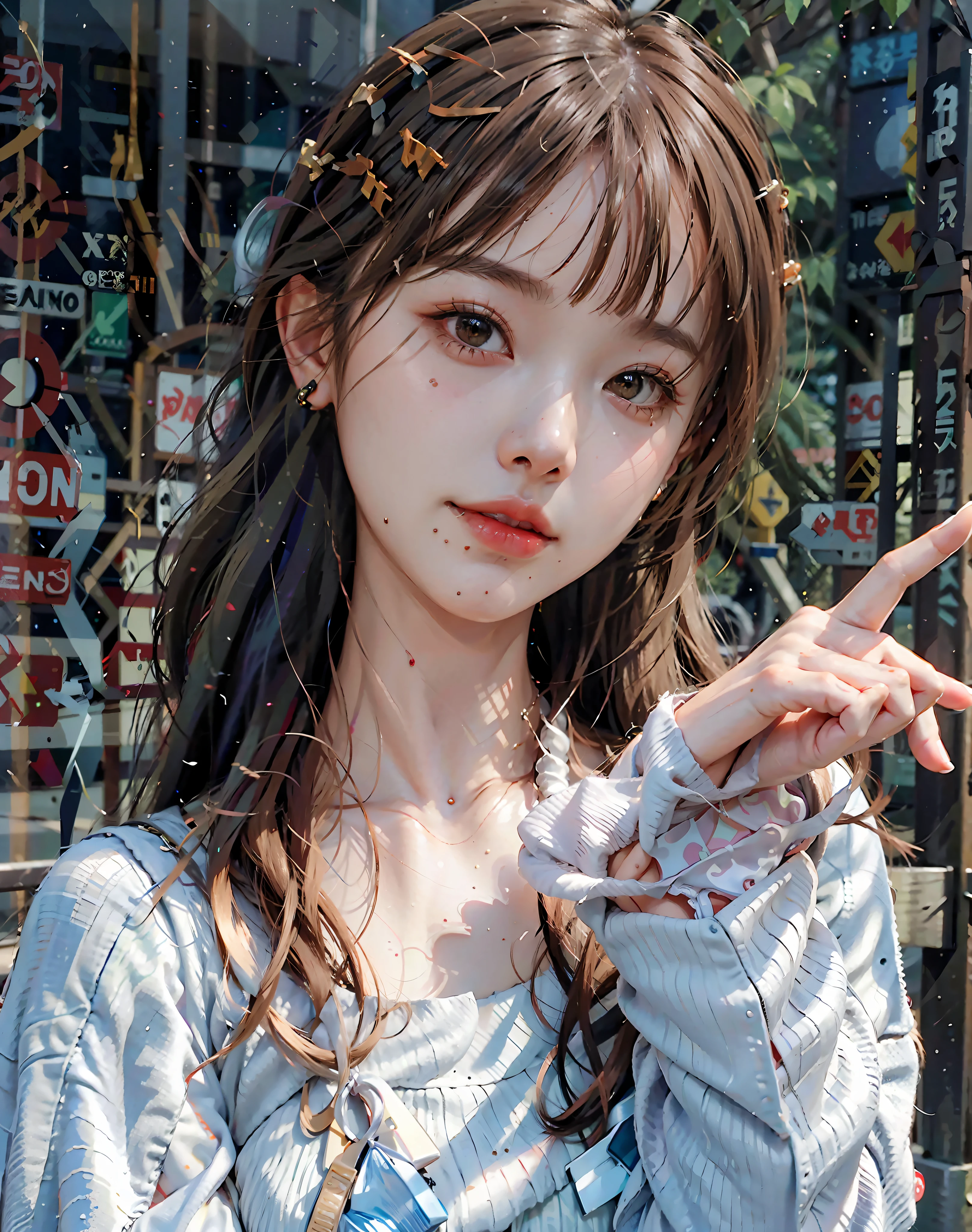 8k,(RAW photo),(best quality), (photo-realistic:1.4),realistic skin texture 1girl,Cute,Double eyelid,bangs,full body,petite,Thin leg,(Slender figure),slim,smile,headgear,earrings,necklace,looking at looking at viewer,face focus,depth of field,club ,(Bust Up Shot:1),Bokeh,