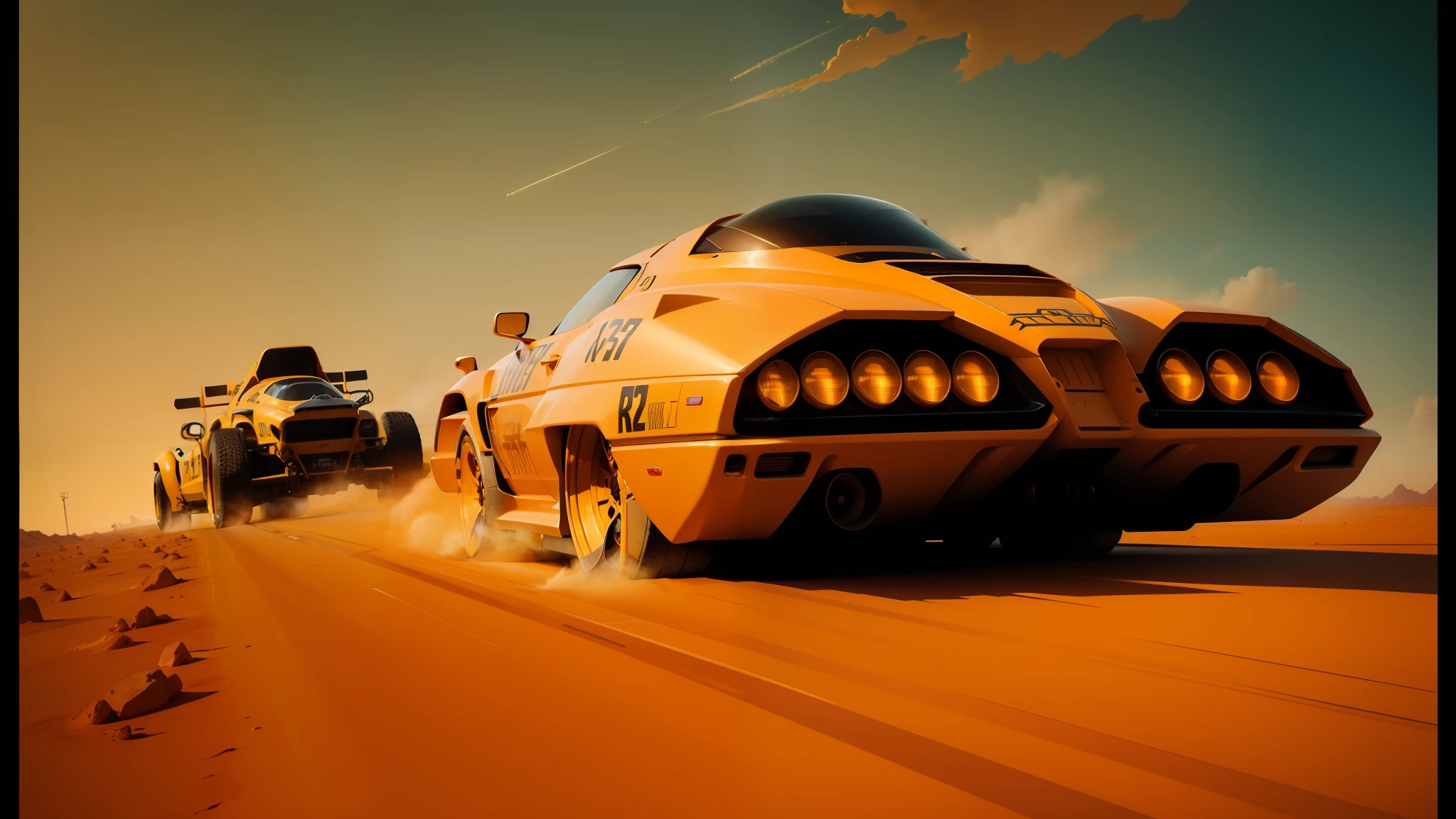 there are two vehicles that are driving in the desert, syd mead color scheme, yellow-orange, 2 0 2 1 cinematic 4 k framegrab, dust clouds | homoerotic, spelljammer, by Colin Middleton, pixar rendering, sportscar, speed (1994), by Don Maitz, cupertino, diesel punk --ar 16:9 --auto --s2