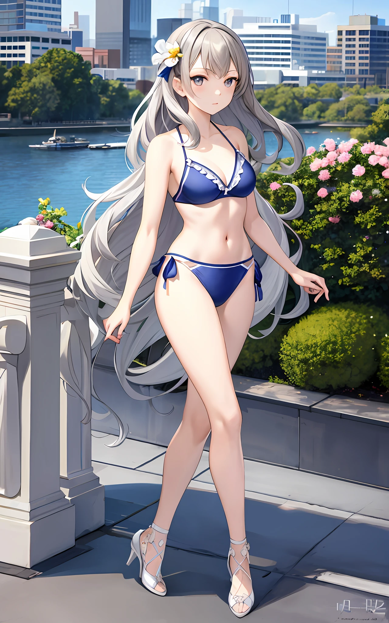 masterpiece, best quality,fuyusaka iori 1, 1girl, solo, (venus bikini:1.2),hair flower, hair ornament, flower, long hair , full body, grey hair, white flower, grey eyes,looking at viewer, highly detailed city background,(ulzzang-6500:0.8), blush,