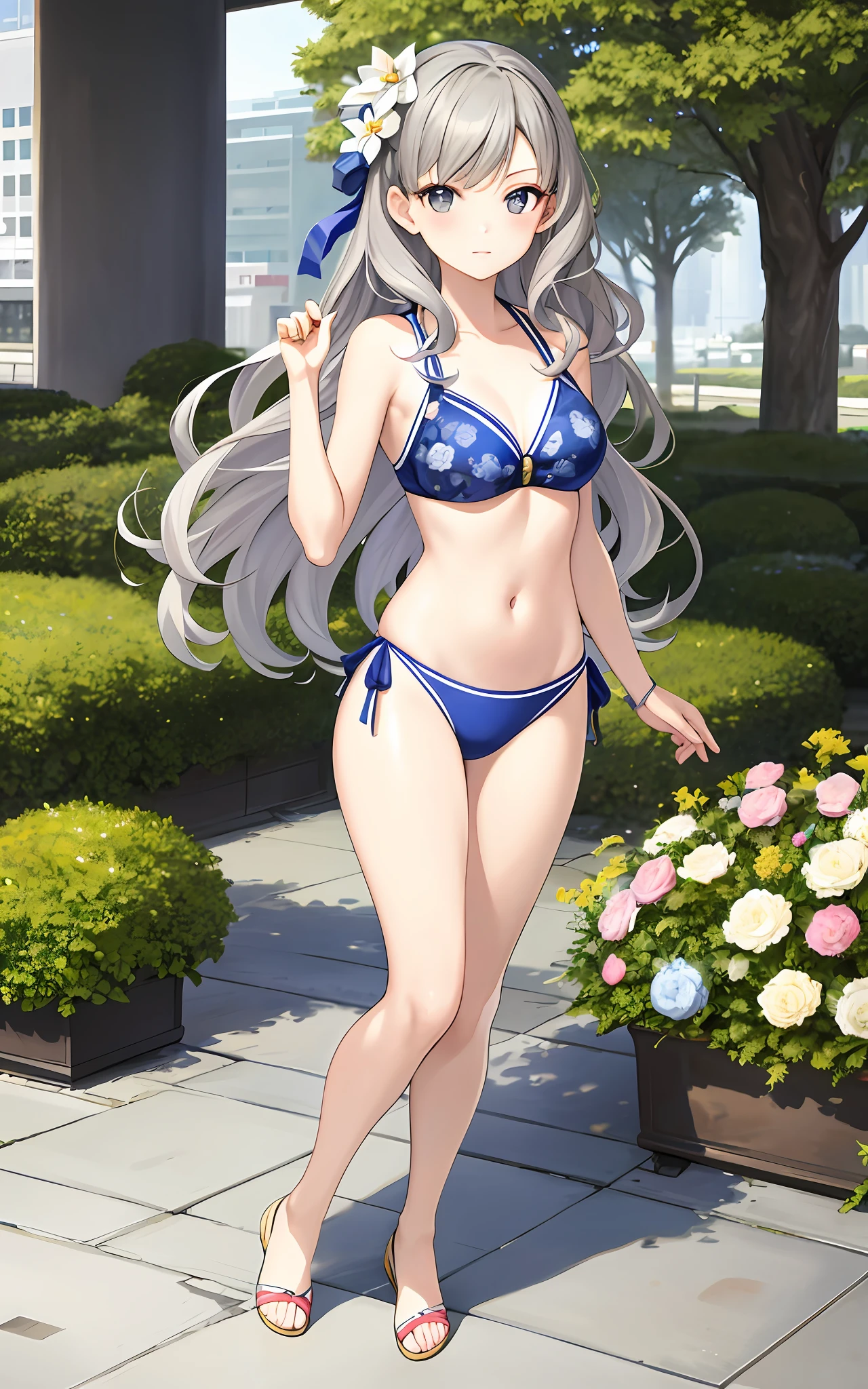 masterpiece, best quality,fuyusaka iori 1, 1girl, solo, (venus bikini:1.2),hair flower, hair ornament, flower, long hair , full body, grey hair, white flower, grey eyes,looking at viewer, highly detailed city background,(ulzzang-6500:0.8), blush,