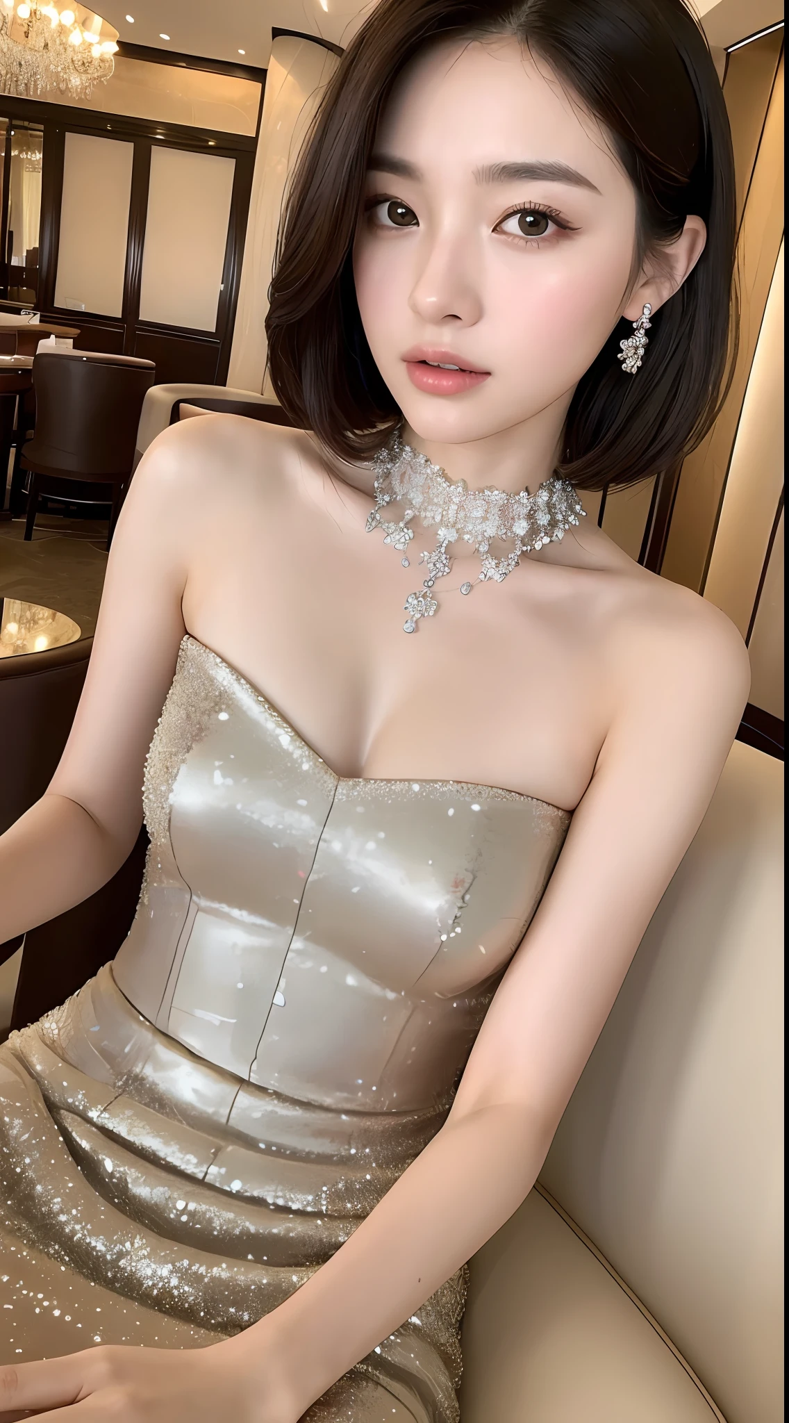 (realistic, photo realistic: 1.4), 1 girl wearing sparkling dress, big breasts, ((hotel)), sitting on a chair, (daytime), bag, celebrity style, luxury decoration, necklace, (RAW photo, best quality), masterpiece, extremely delicate beauty, amazing, fine details, extremely detailed CG Unity 8k wallpaper, high resolution, soft light, beautiful detailed girl, soft light, slender body, detailed eyes, detailed face