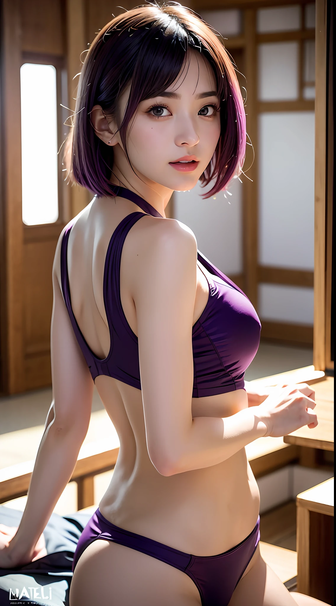 (Matsue:1.5), Purple eyes, Purple hair, Close up, Separate type swimsuit, Exposed a lot, Masterpiece, Best quality, Raw photo, Photorealistic, Face, Incredibly absurd, Beautiful girl, Cute, Short hair, Depth of field, High resolution, Ultra detail, Fine detail, Very detailed, Very detailed eyes and face, Sharp pupils, Realistic pupils, Sharp focus, Cinematic lighting, protruding buttocks, medium breasts